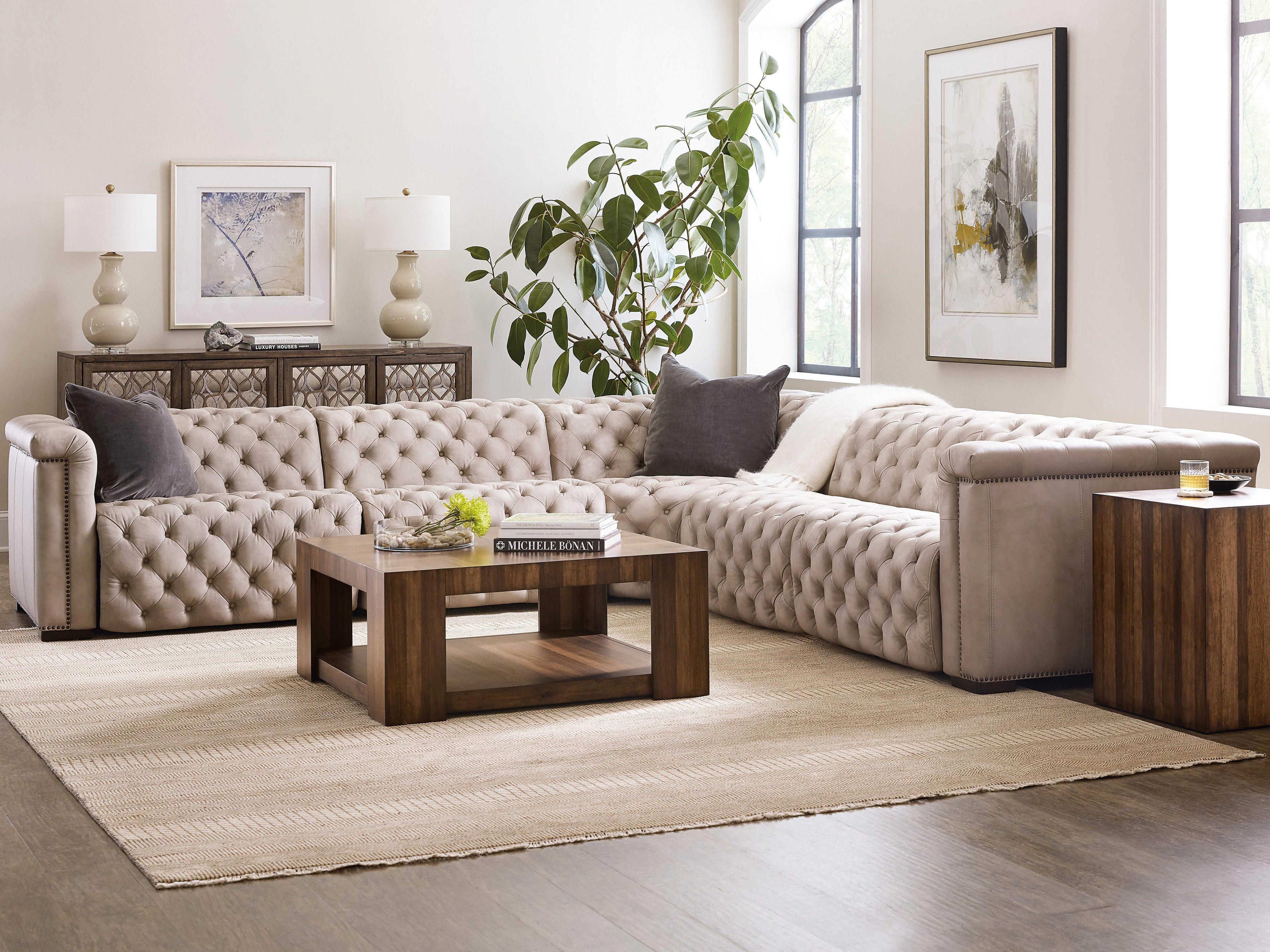 Hooker Furniture Savion Grandier 5-Piece Power Headrest Tufted Beige Leather Sectional Sofa with 2 Recliner
