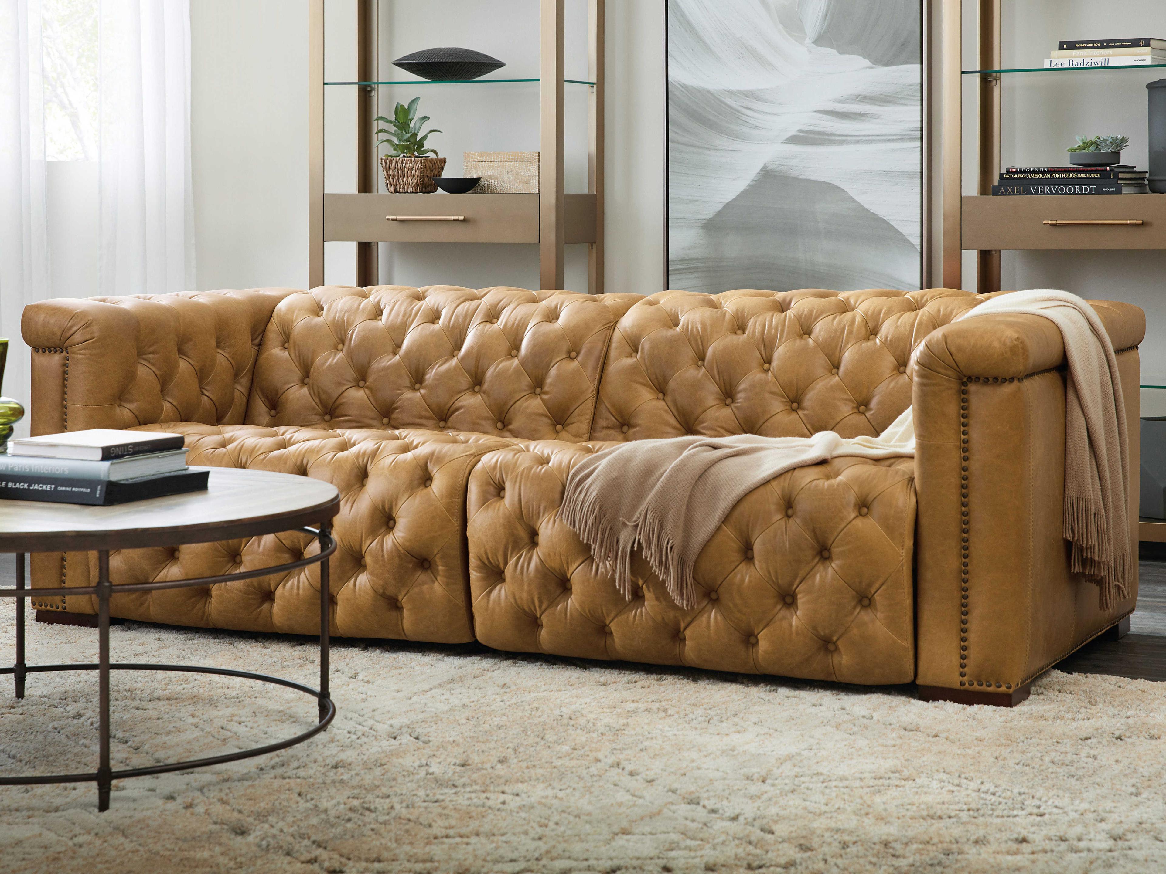 Hooker Furniture Savion Tufted Saddlebag Coin Brown Leather Sofa with Power Recliner and Headrest