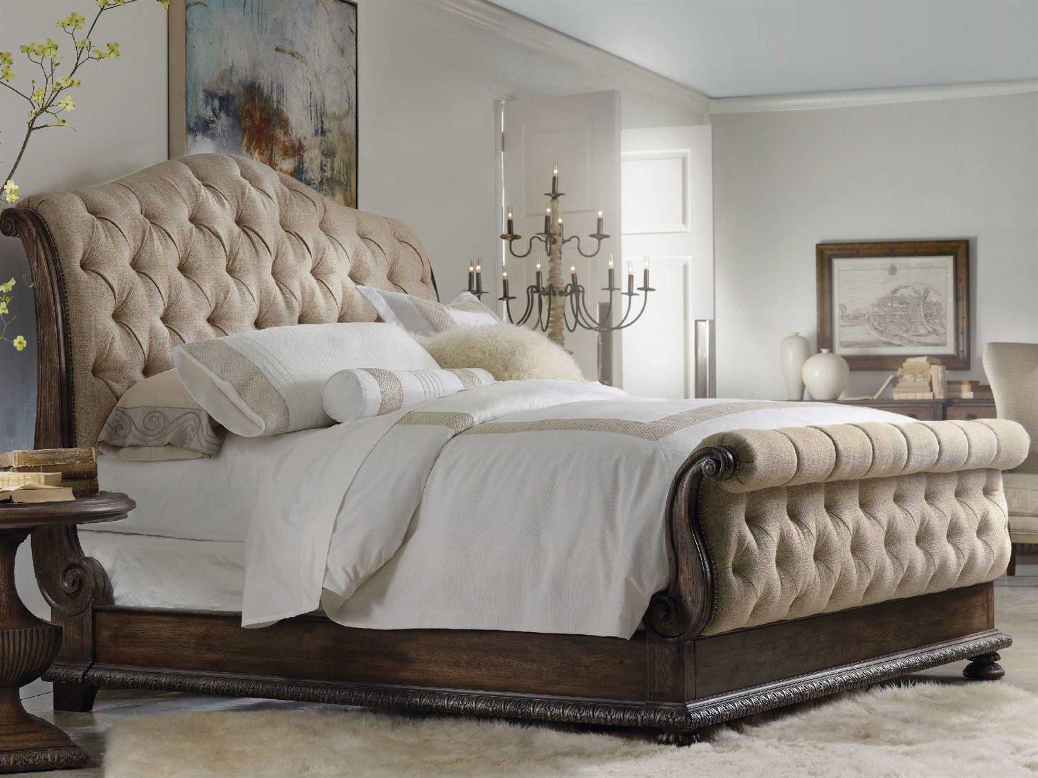 Hooker Furniture Rhapsody Aurora Ecru Rustic Walnut Beige Hardwood Upholstered King Sleigh Bed