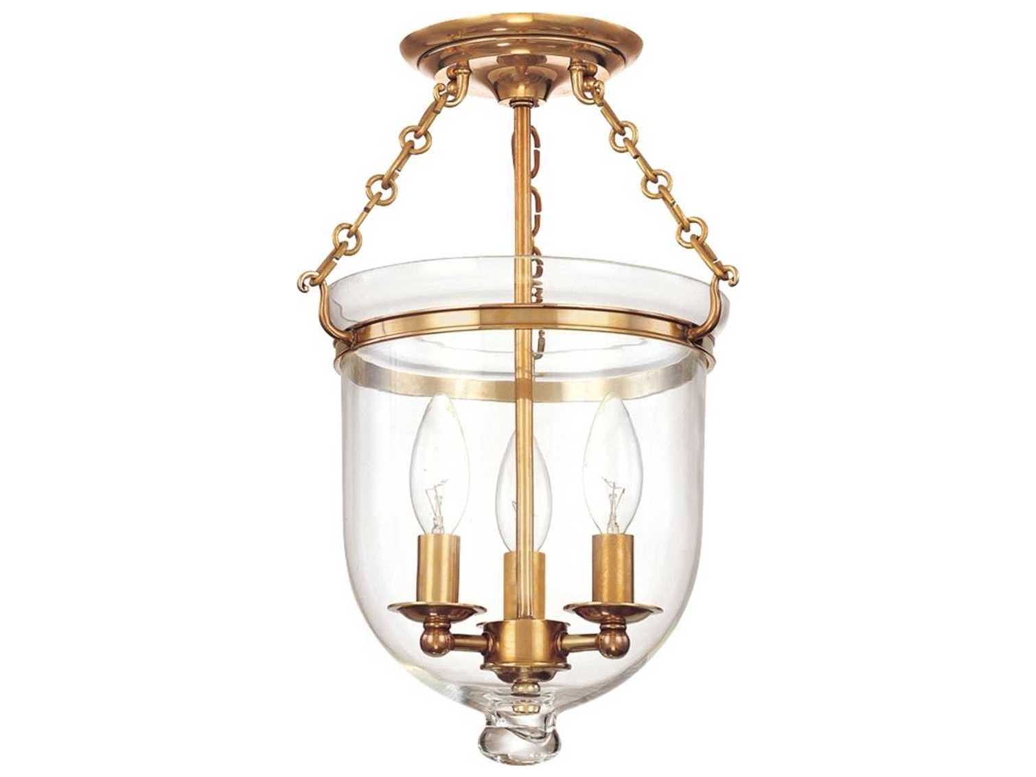 Hudson Valley Hampton 3-Light Aged Brass Clear Glass Bell Semi Flush Mount