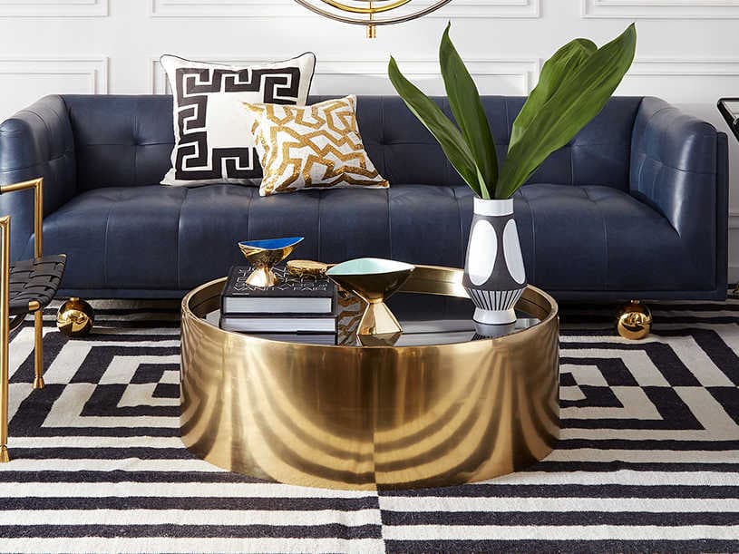 Jonathan Adler Alphaville Round Honed Brass Black Glass Coffee Table