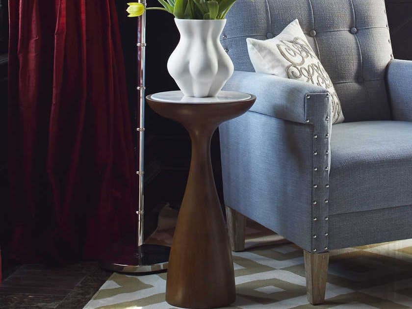 Jonathan Adler Buenos Aires Round White Volakas Marble Mahogany End Table