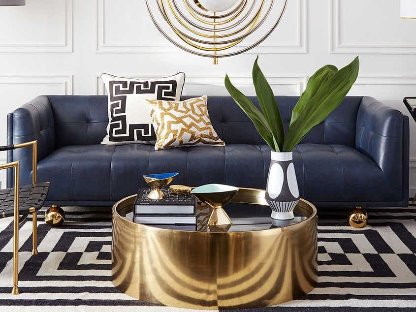 Jonathan Adler Claridge Brogue Navy Blue Leather Sofa