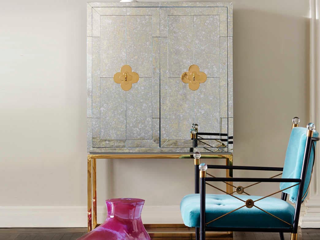 Jonathan Adler Delphine Mirrored Antiqued Mirror Brass Bar Cabinet