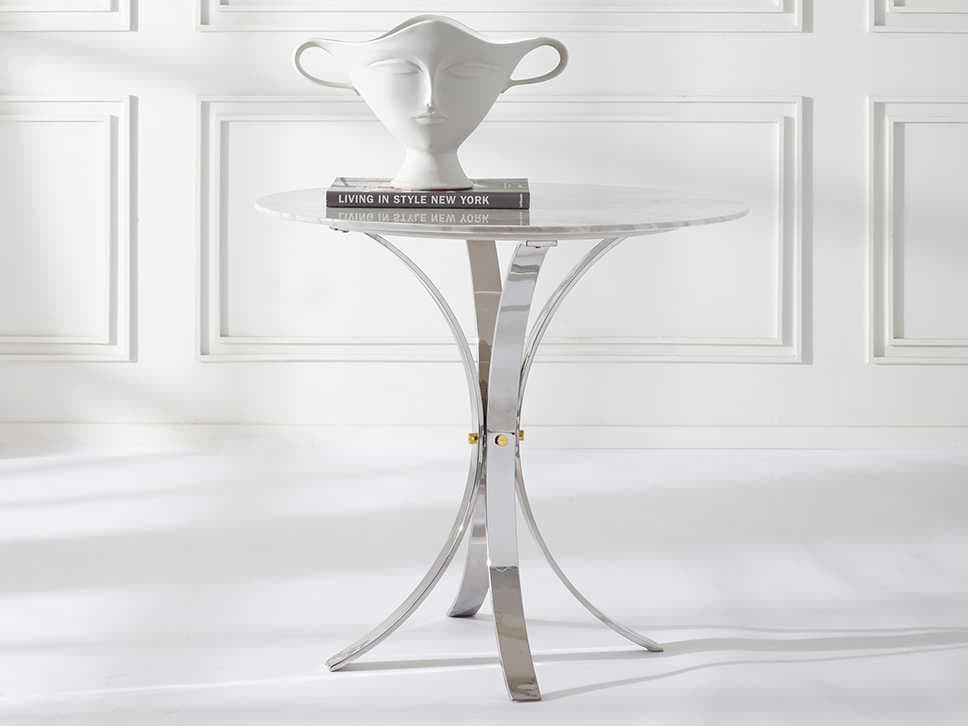 Jonathan Adler Electrum Round White Marble Polished Nickel Dining Table