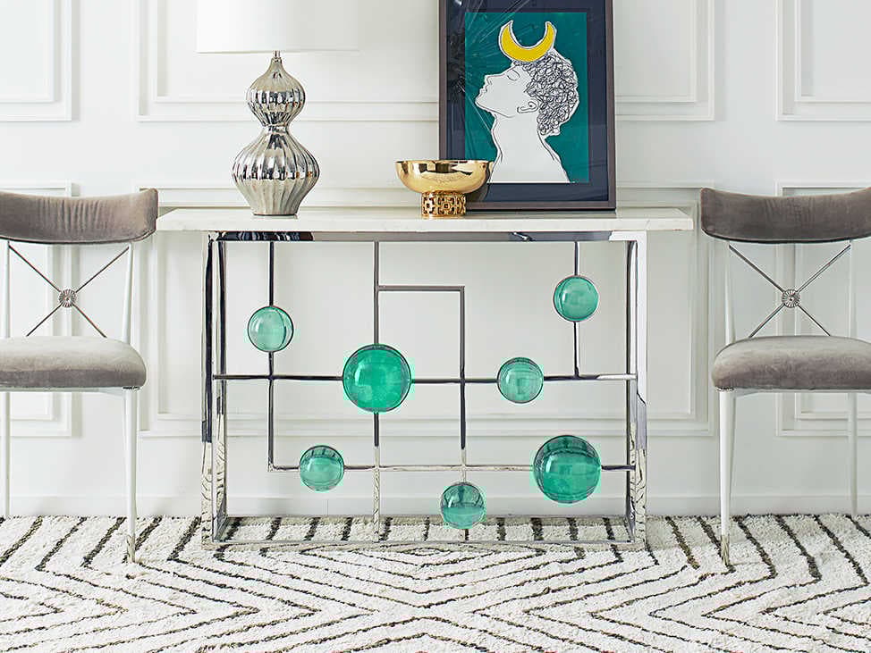 Jonathan Adler Globo Rectangular Marble Emerald Nickel Console Table