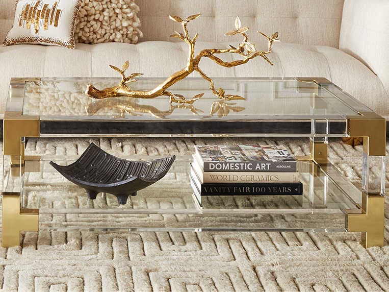 Jonathan Adler Jacques Rectangular Glass Clear Brass Coffee Table