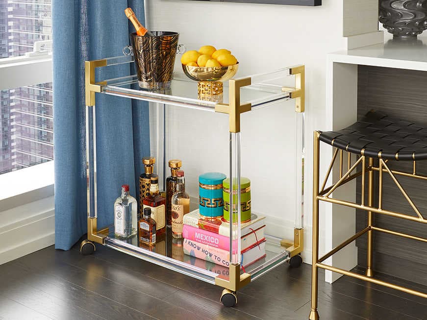 Jonathan Adler Jacques Glass Gold Clear Brass Bar Cart