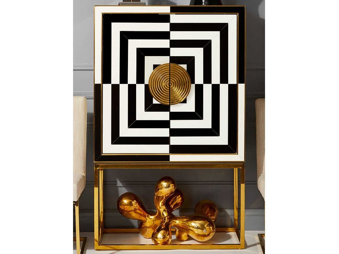 Jonathan Adler Op Art White Charcoal Ivory Bar Cabinet