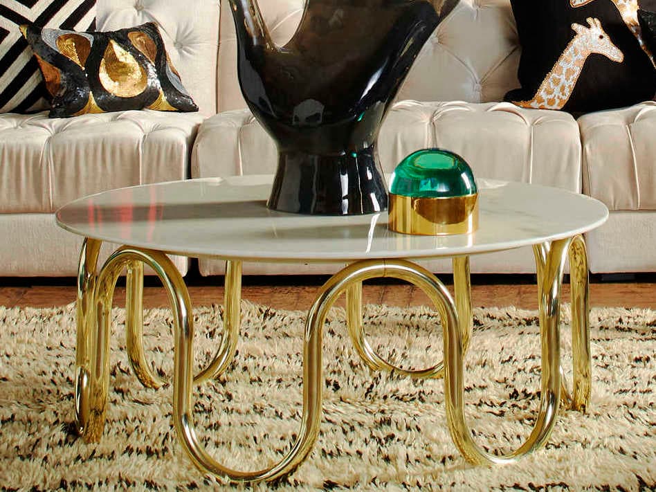 Jonathan Adler Scalinatella Round Carrara Marble Brass Coffee Table