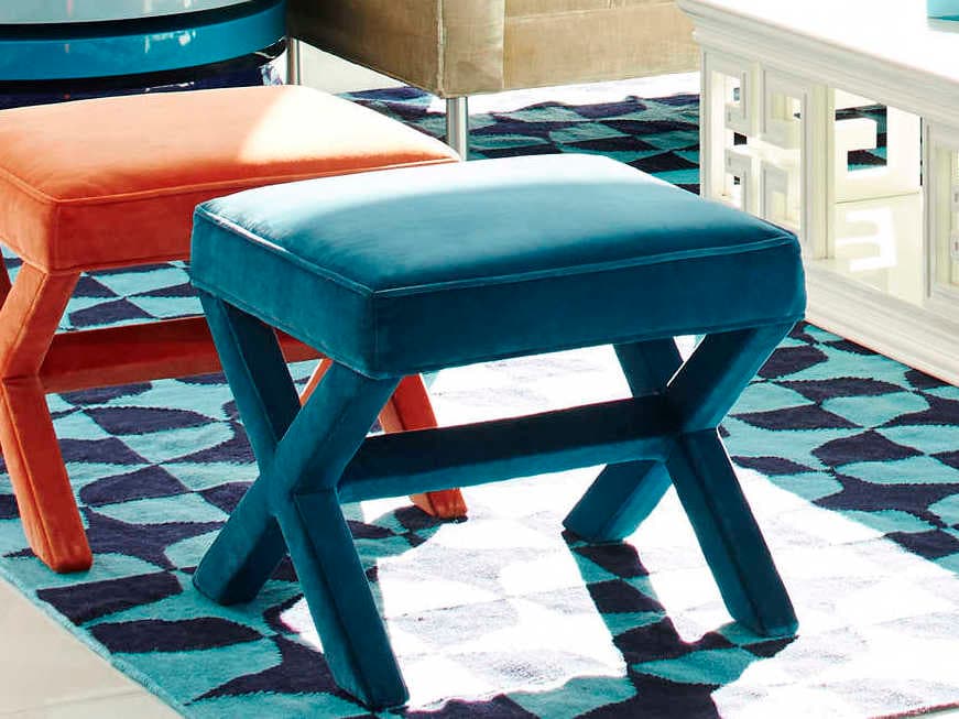 Jonathan Adler X-bench Venice Peacock Blue Velvet Upholstered Accent Bench
