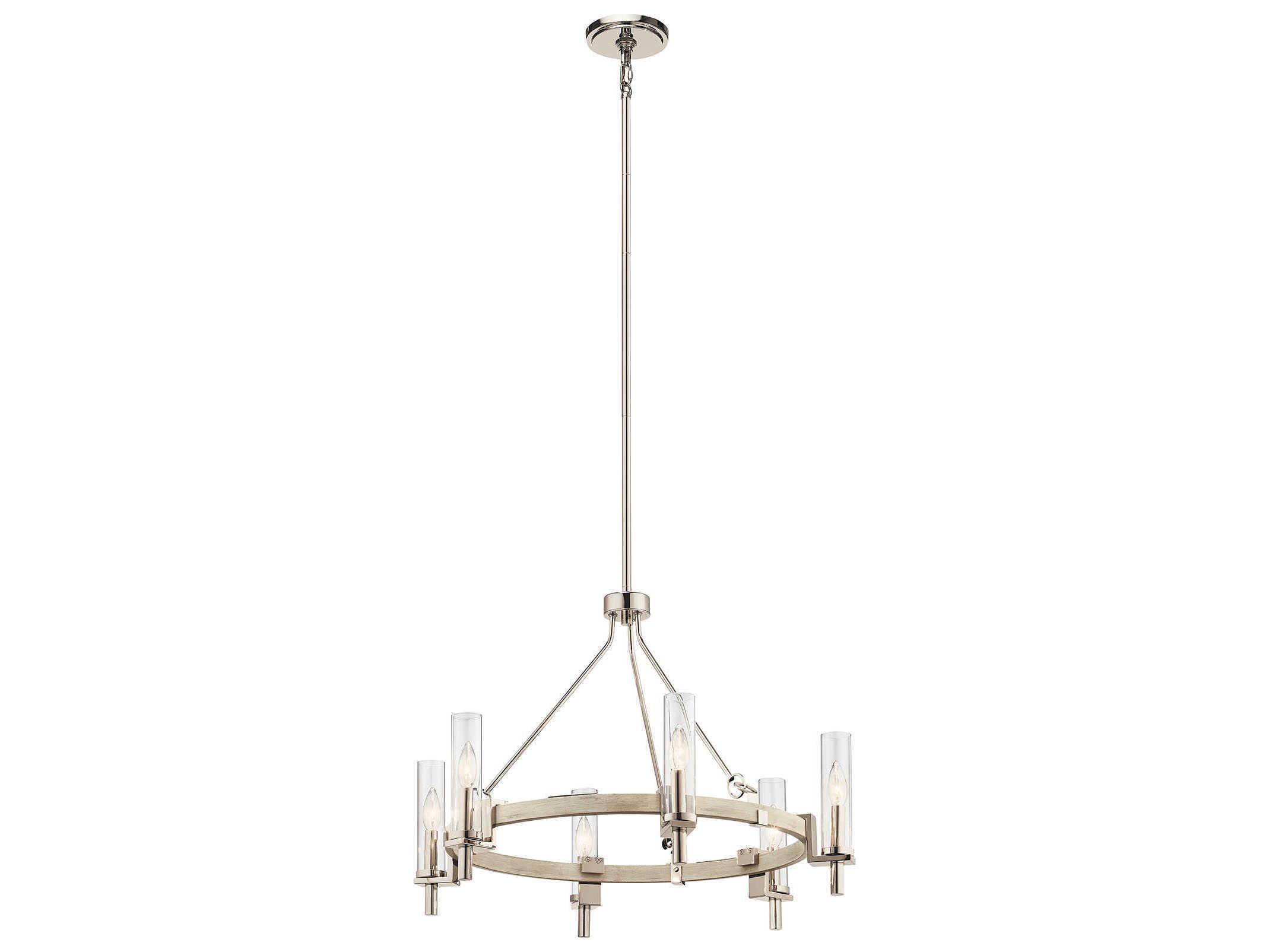 Kichler Telan 6-Light White Washed Wood Glass Candelabra Cylinder Round Chandelier