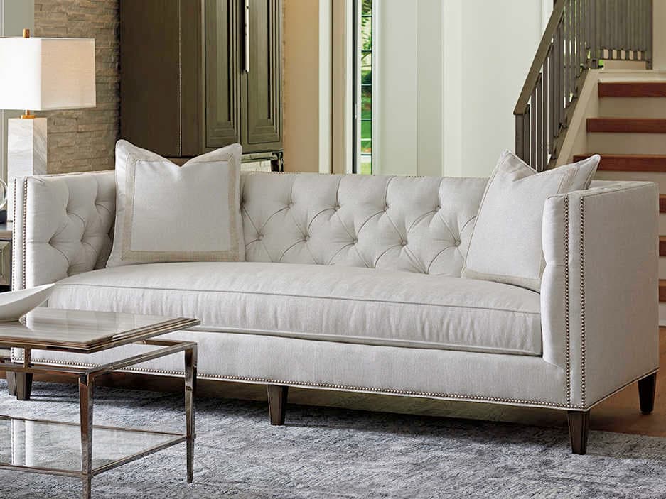 Lexington Ariana Tufted Misty Gray White Upholstered Sofa