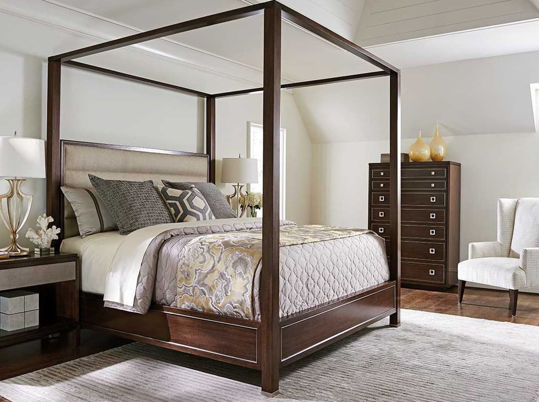 Lexington Macarthur Park Walnut Brown Wood Upholstered Queen Poster Bed