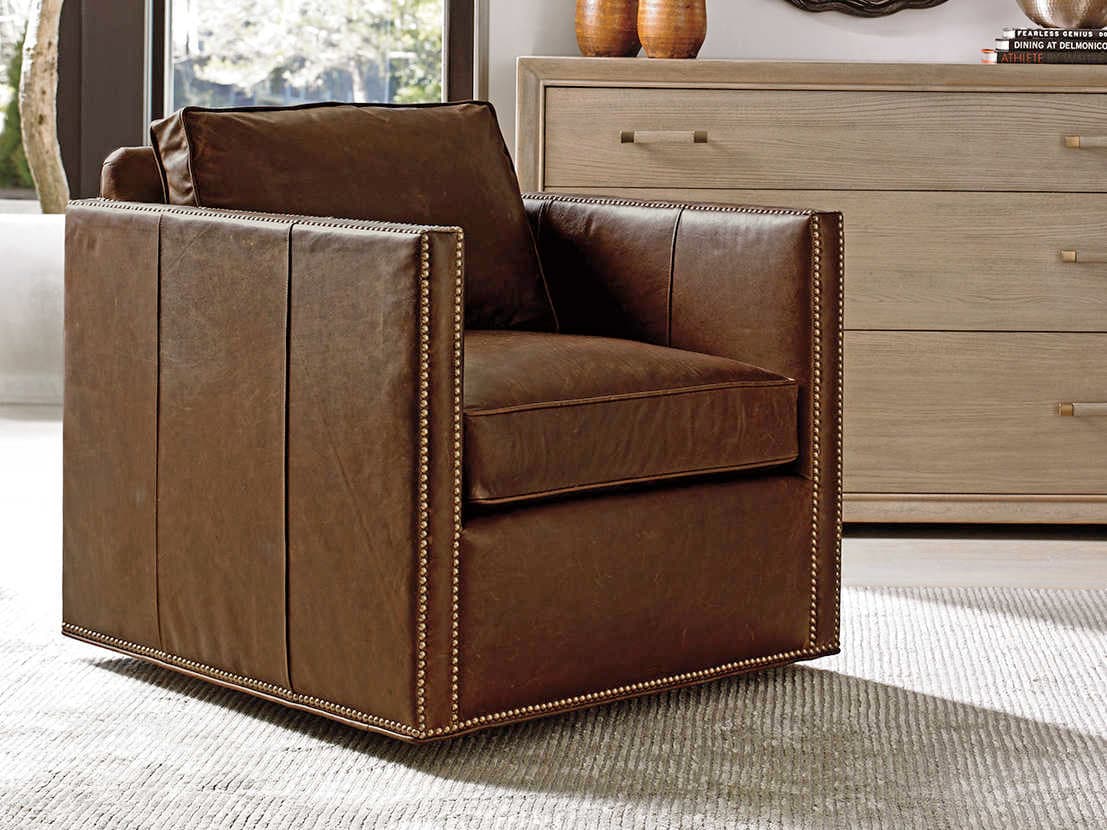 Lexington Shadow Play Swivel Brown Leather Accent Chair