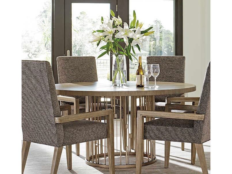 Lexington Shadow Play Round Wood Taupe Grey Burnished Silver Dining Table