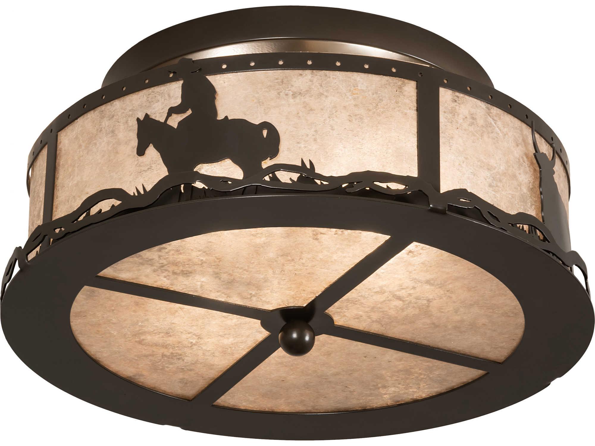 Meyda Cowboy & Steer 2-Light Timeless Bronze Drum Flush Mount