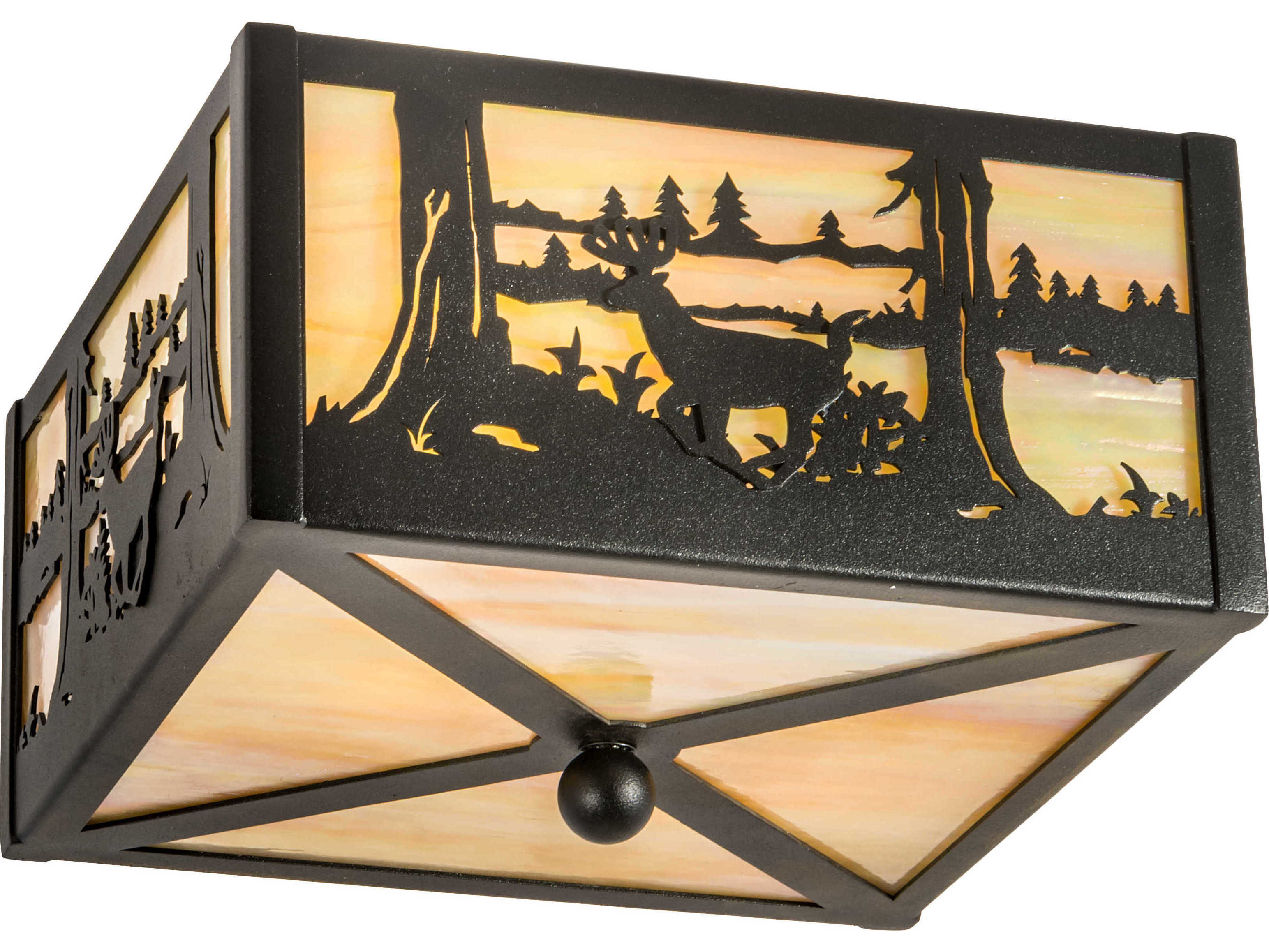 Meyda Deer At Lake 2-Light Black Beige Off White Glass Geometric Flush Mount