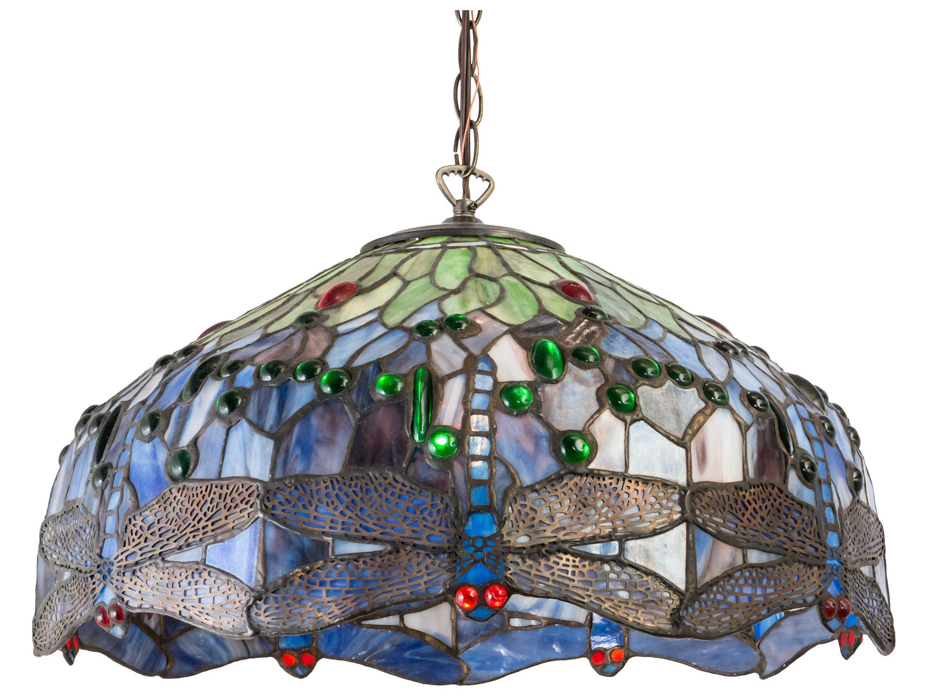 Meyda Dragonfly 1-Light Satin Brass Blue Glass Tiffany Dome Pendant