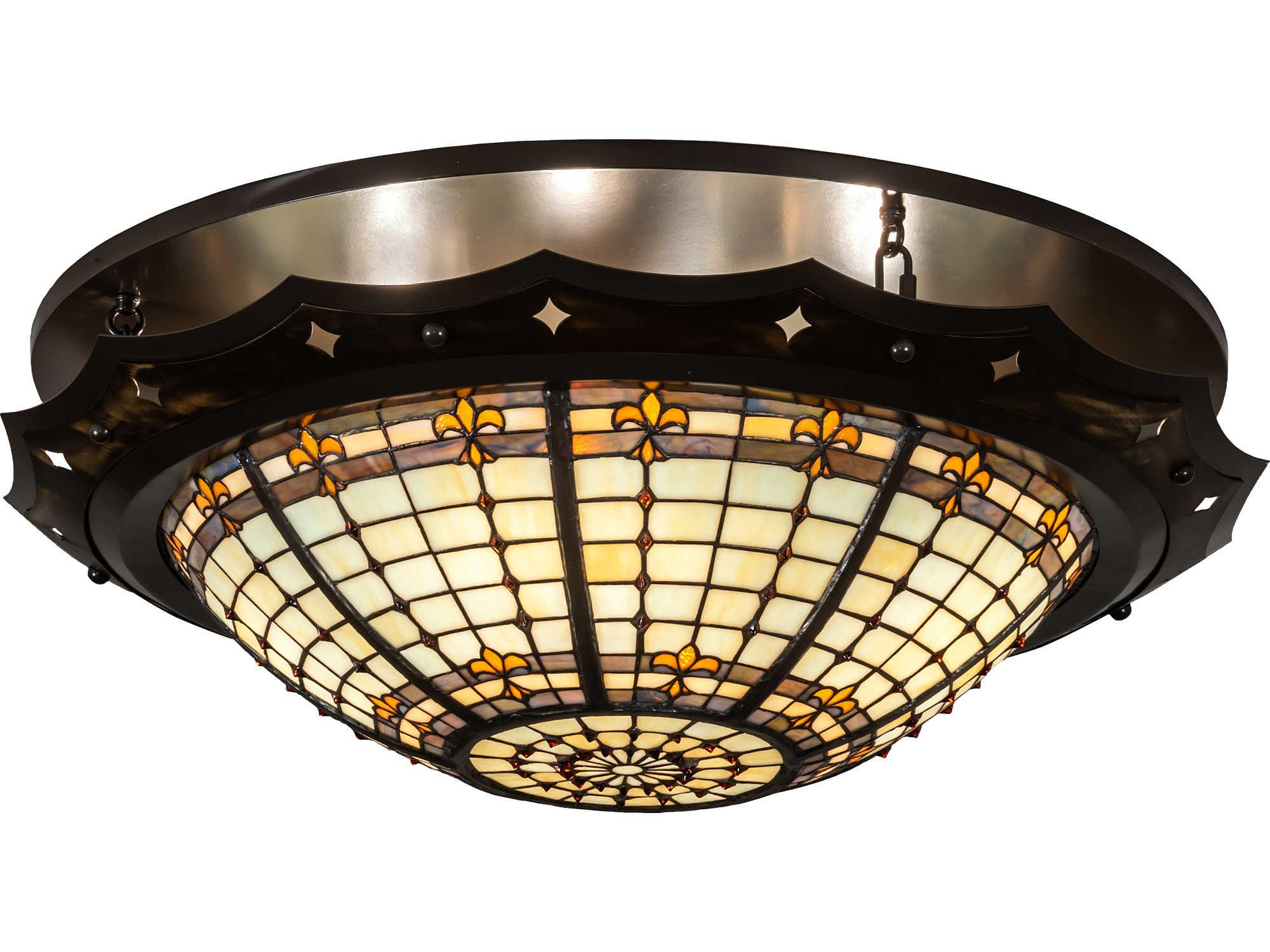 Meyda Fleur-de-lite 4-Light Antique Copper Timeless Bronze Glass Tiffany Bowl Flush Mount
