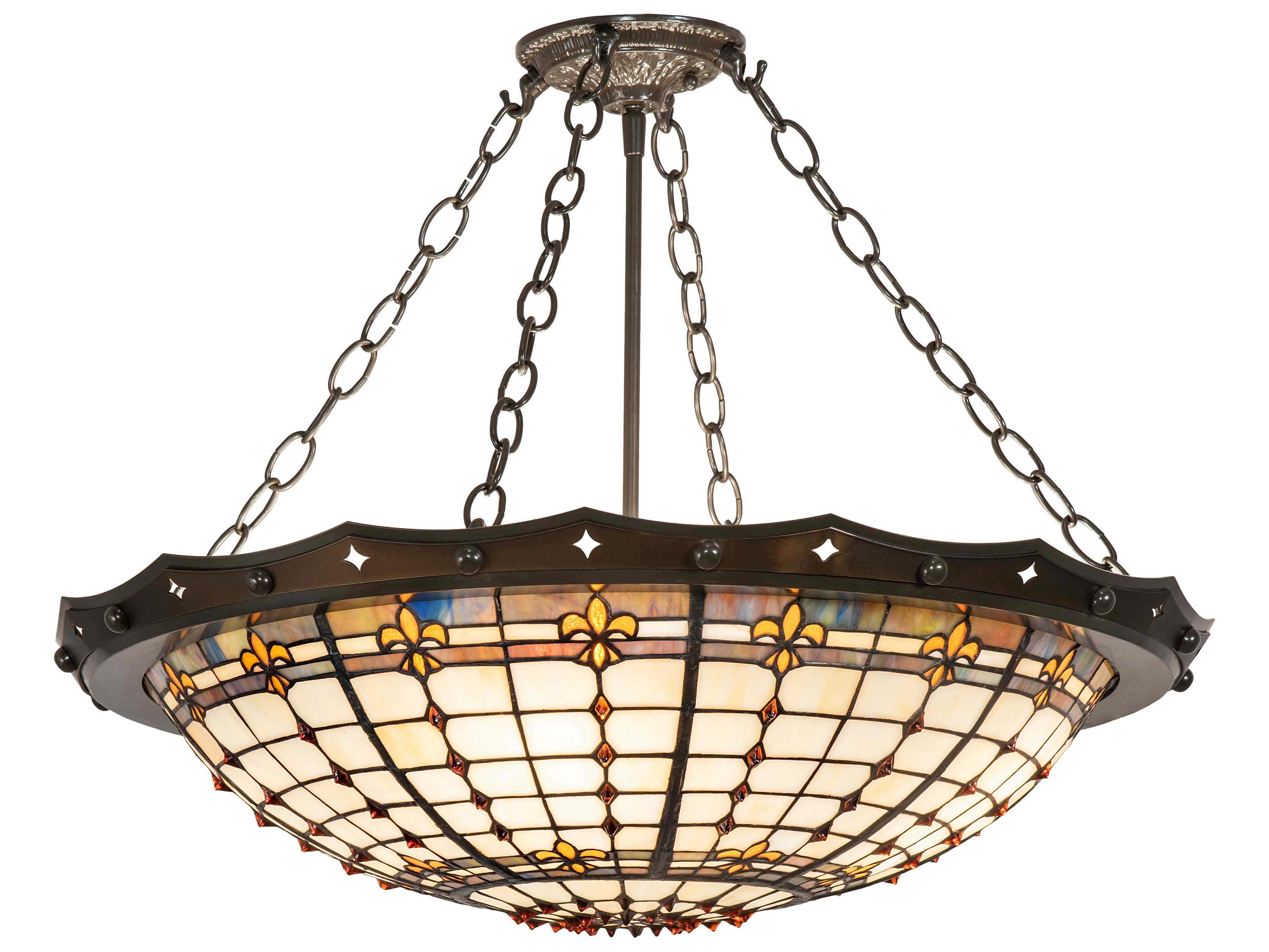 Meyda Fleur-de-lite 4-Light Antique Copper Glass Tiffany Bowl Semi Flush Mount