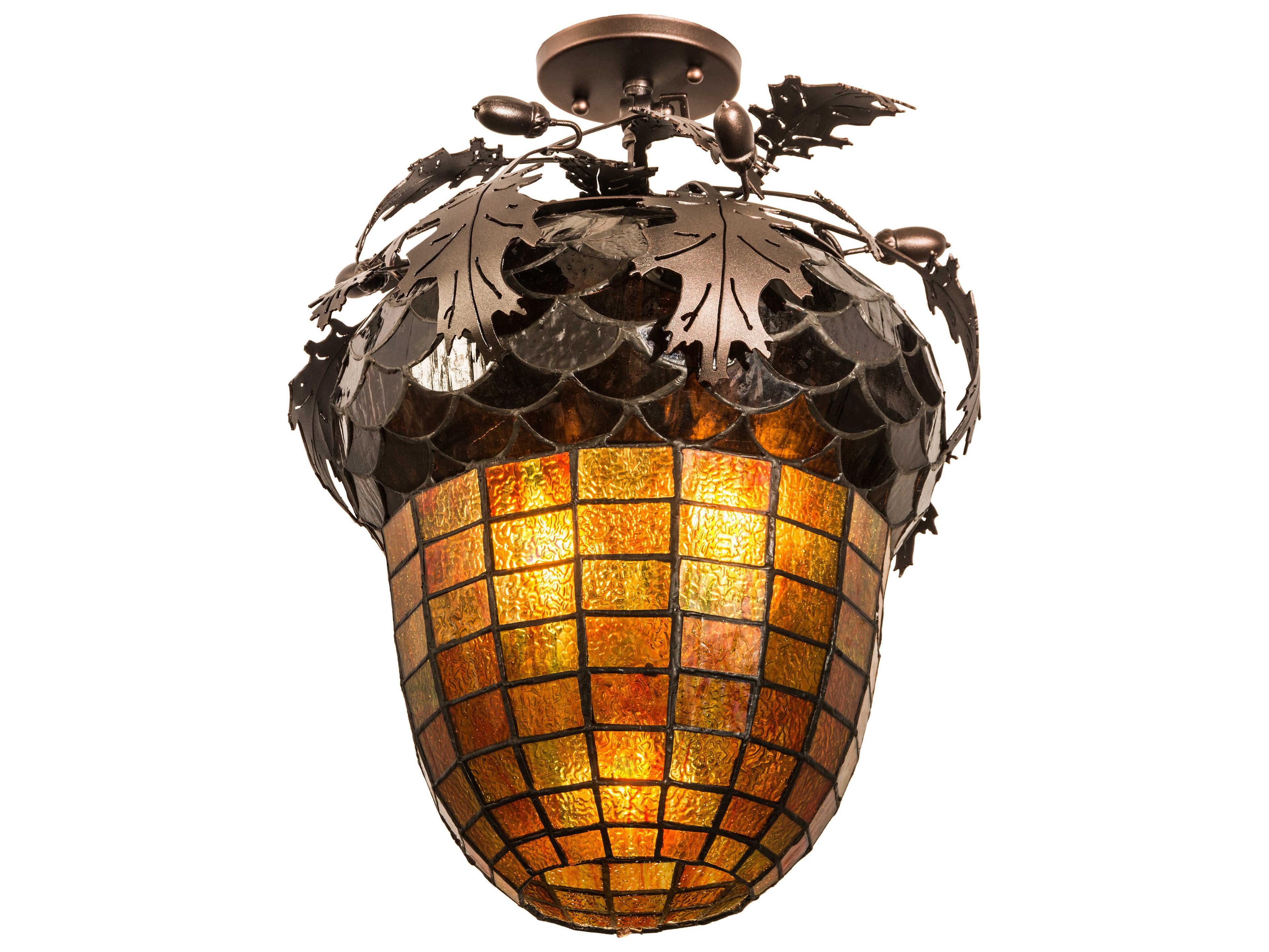 Meyda Oak Leaf & Acorn 2 1 Bronze Glass Tiffany Bell Flush Mount