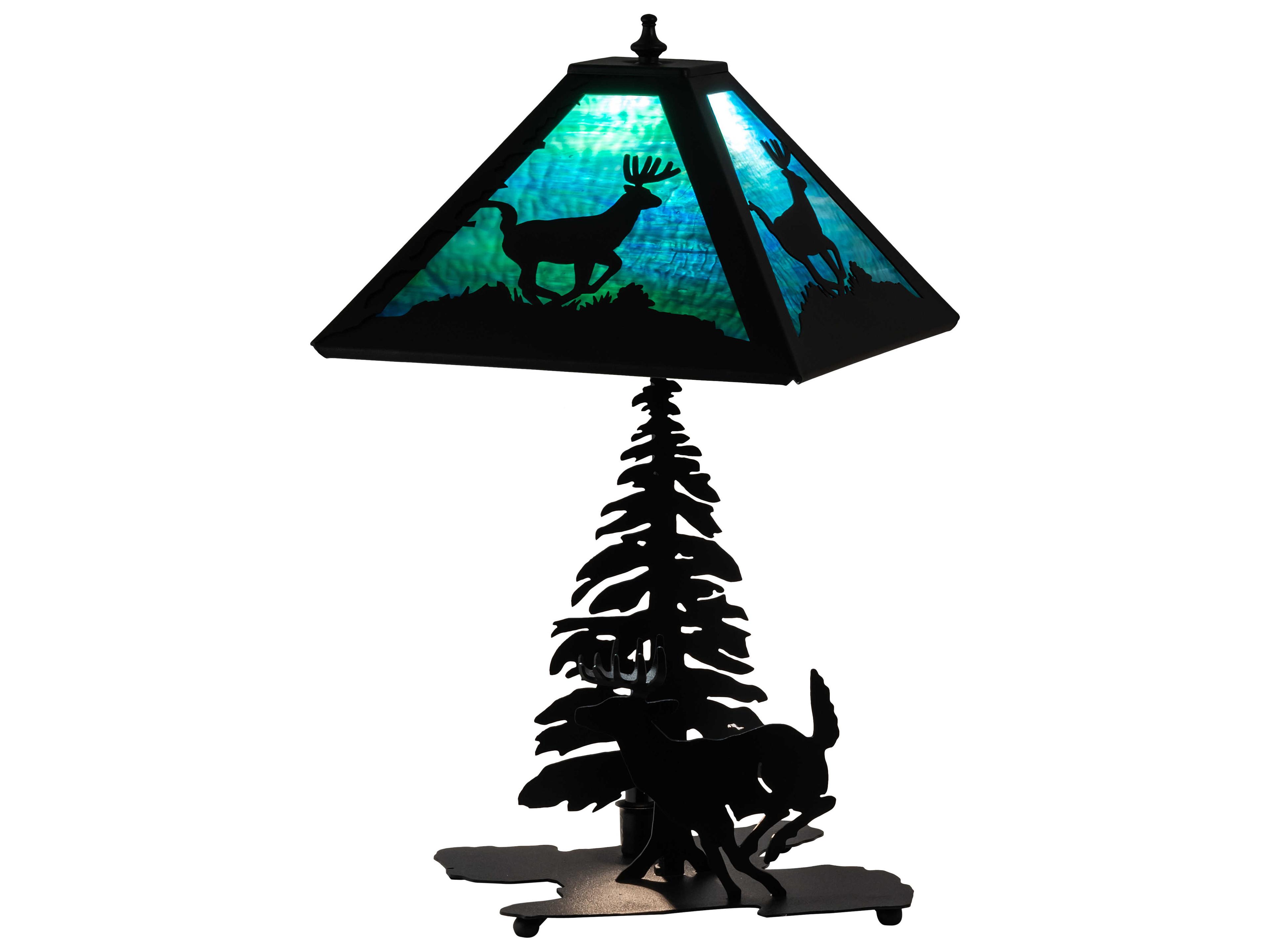 Meyda Lone Deer Rustic Lodge Textured Black Table Lamp with Blue Green Water Glass Shade
