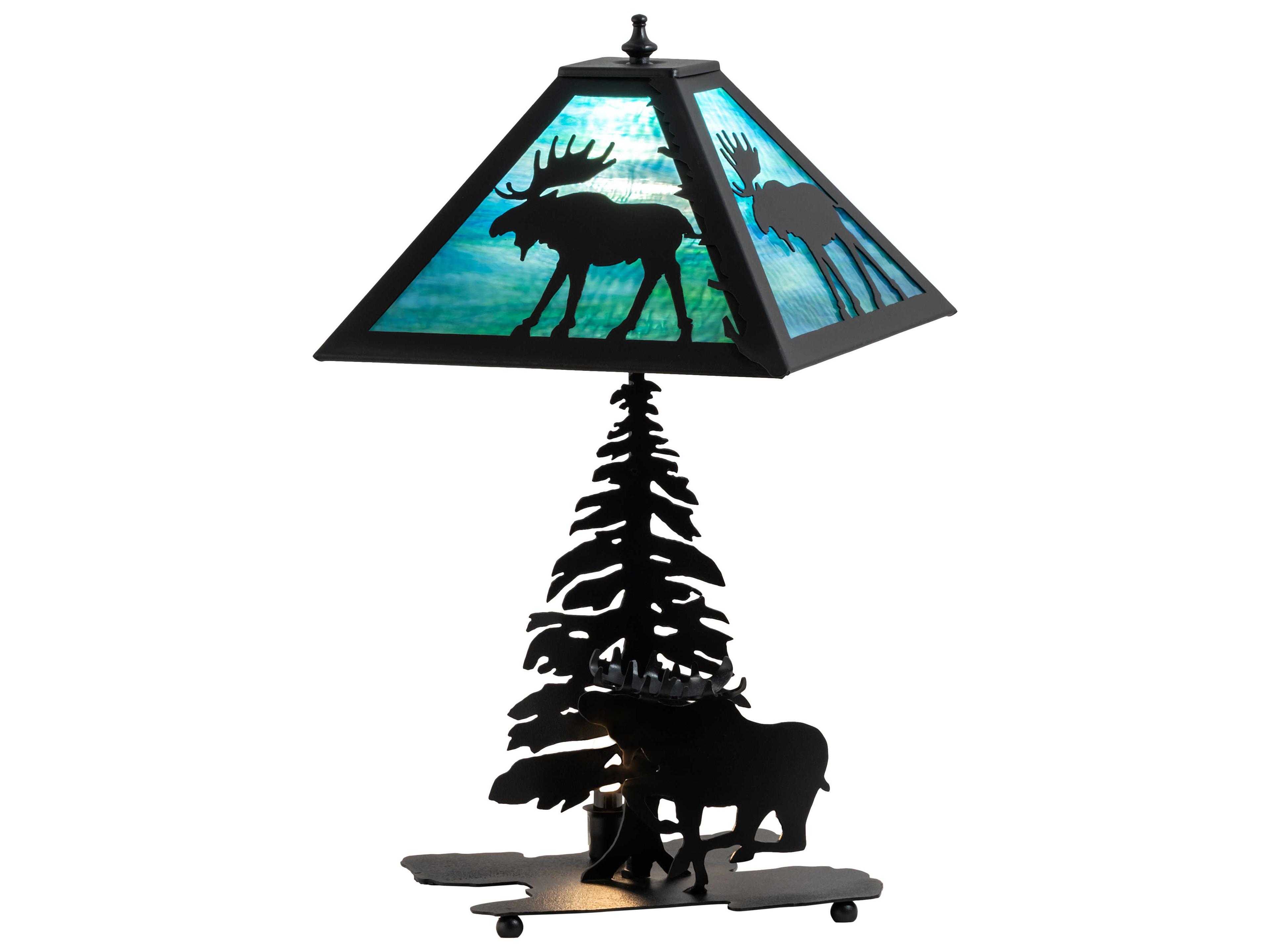 Meyda Lone Moose Rustic Lodge Textured Black Table Lamp with Blue Green Water Glass Shade