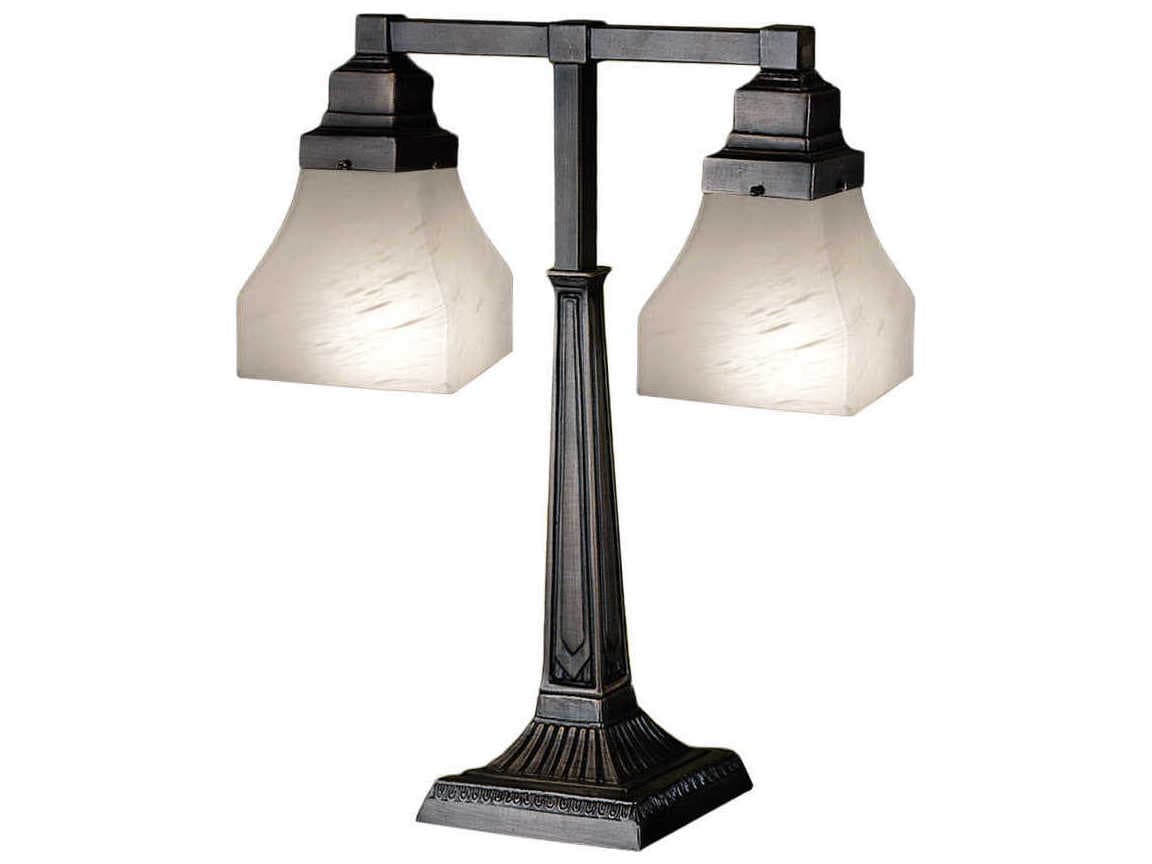 Meyda Bungalow White Alabaster Swirl 2 Arm Bronze Glass Table Lamp