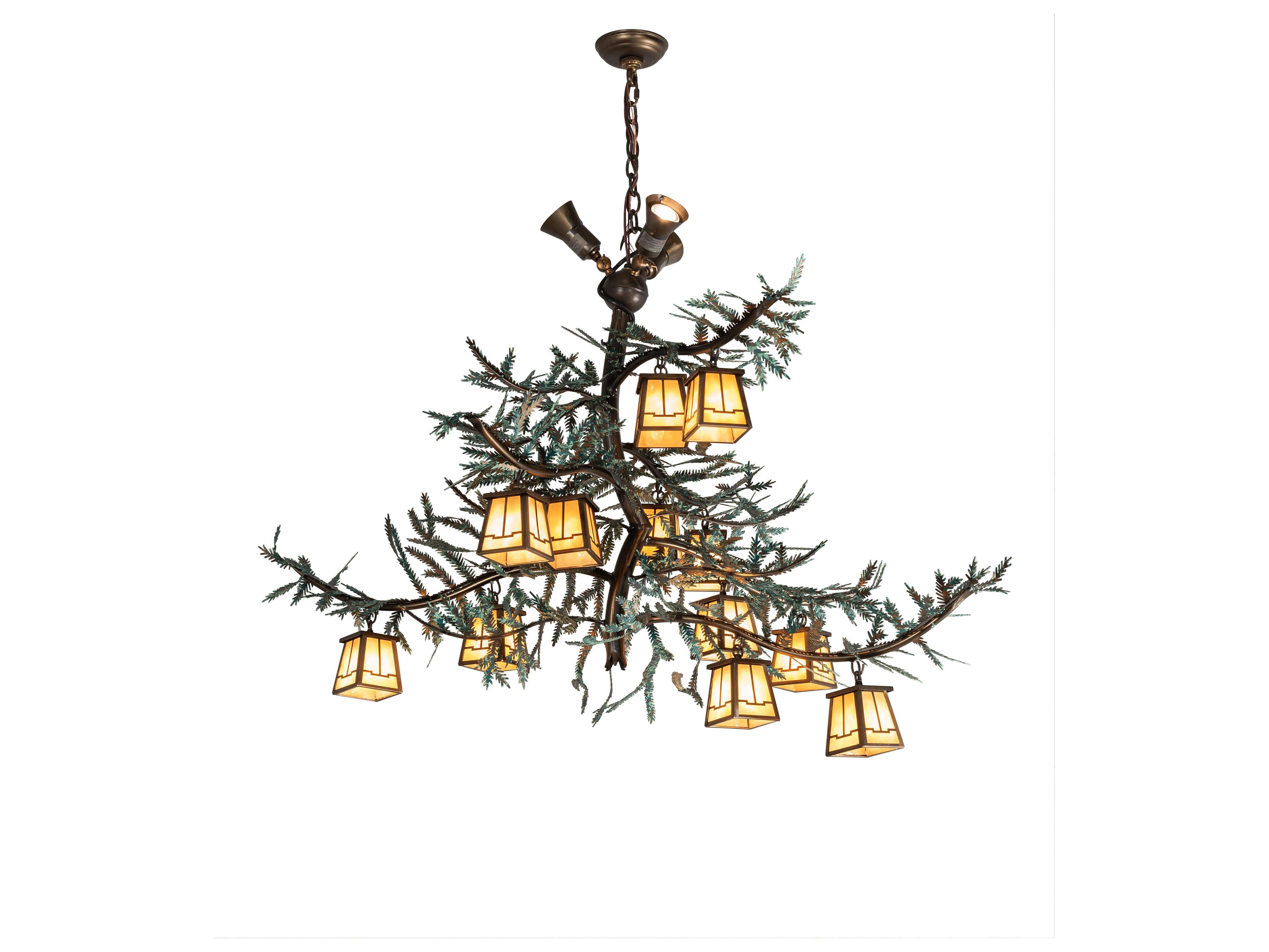 Meyda Pine Branch 12 3-Light Antique Copper Green Glass Lantern Island Pendant