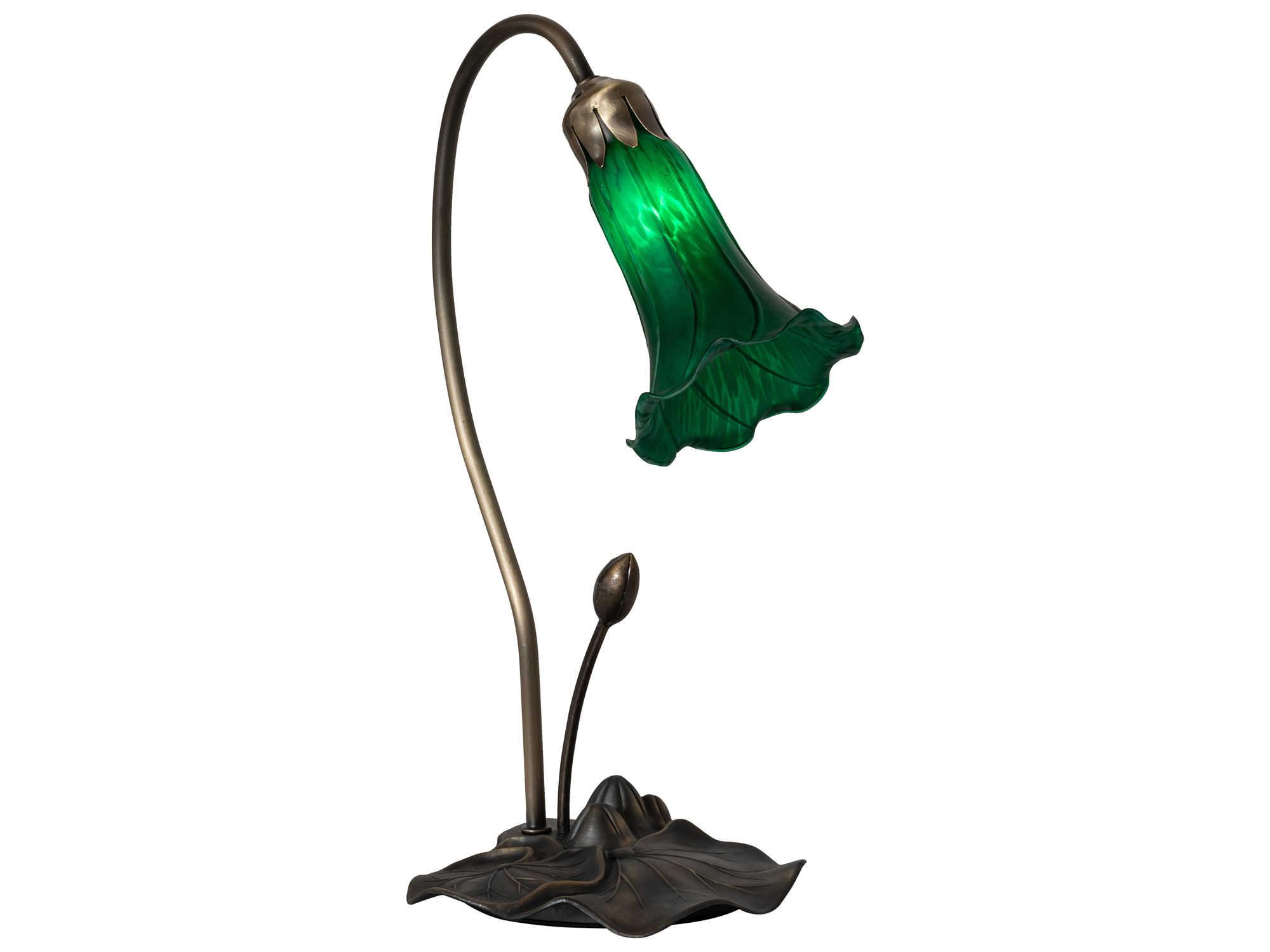 Meyda Pond Lily Glass Mahogany Bronze Table Lamp with Emerald Green Shade