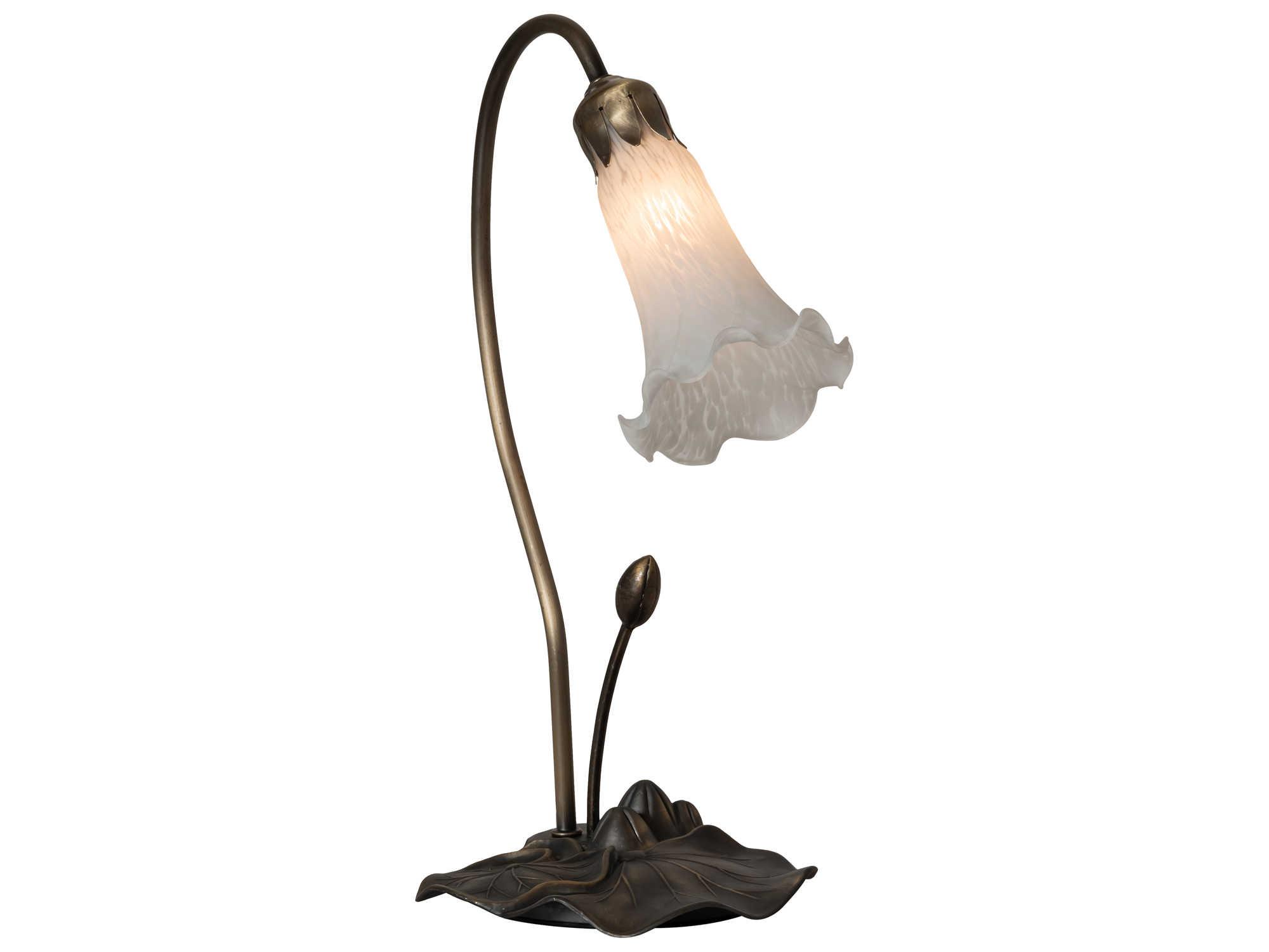 Meyda Pond Lily Glass Mahogany Bronze Table Lamp with White Shade