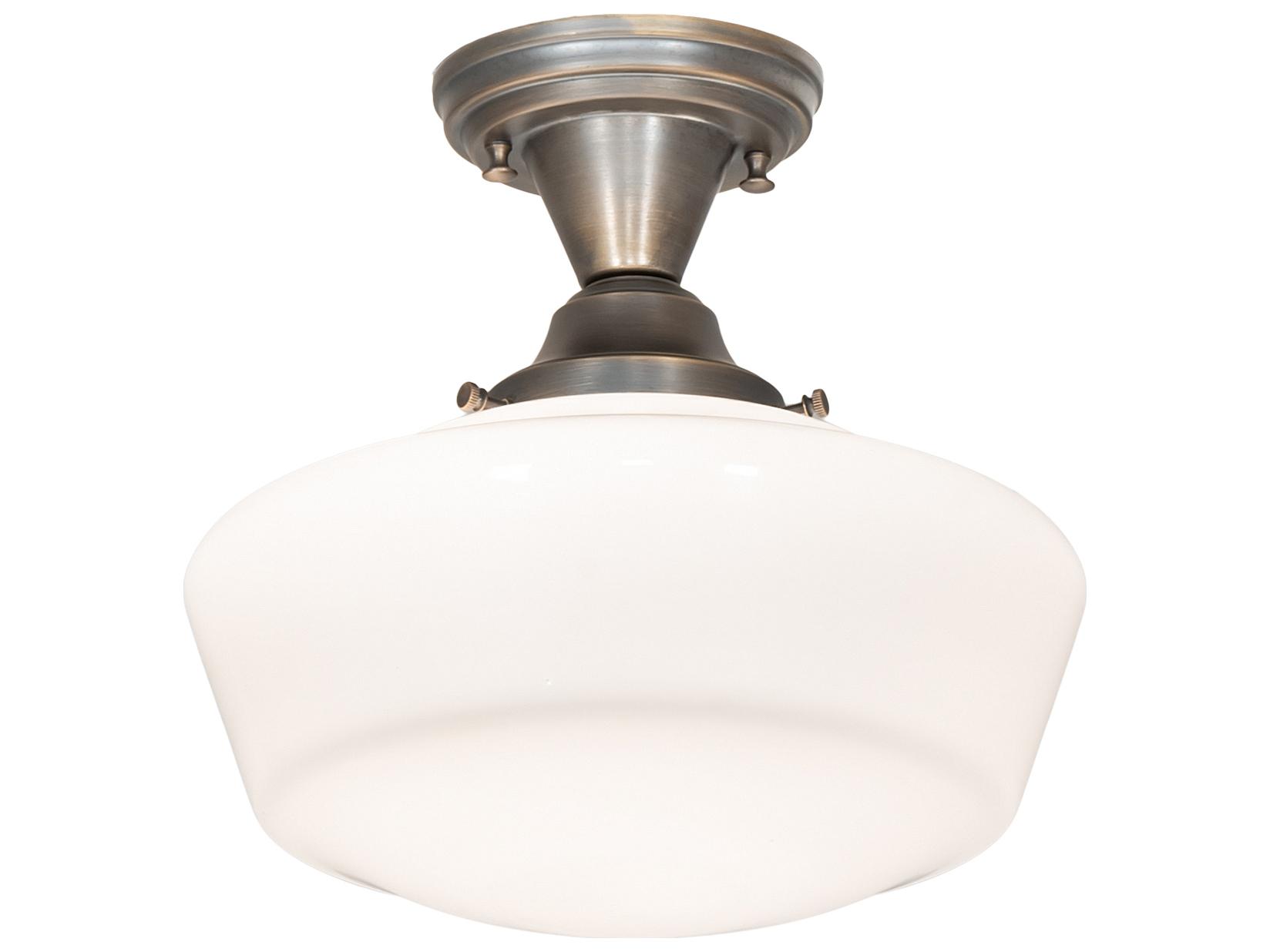 Meyda Revival Schoolhouse 1-Light Antique Brass White Glass Semi Flush Mount