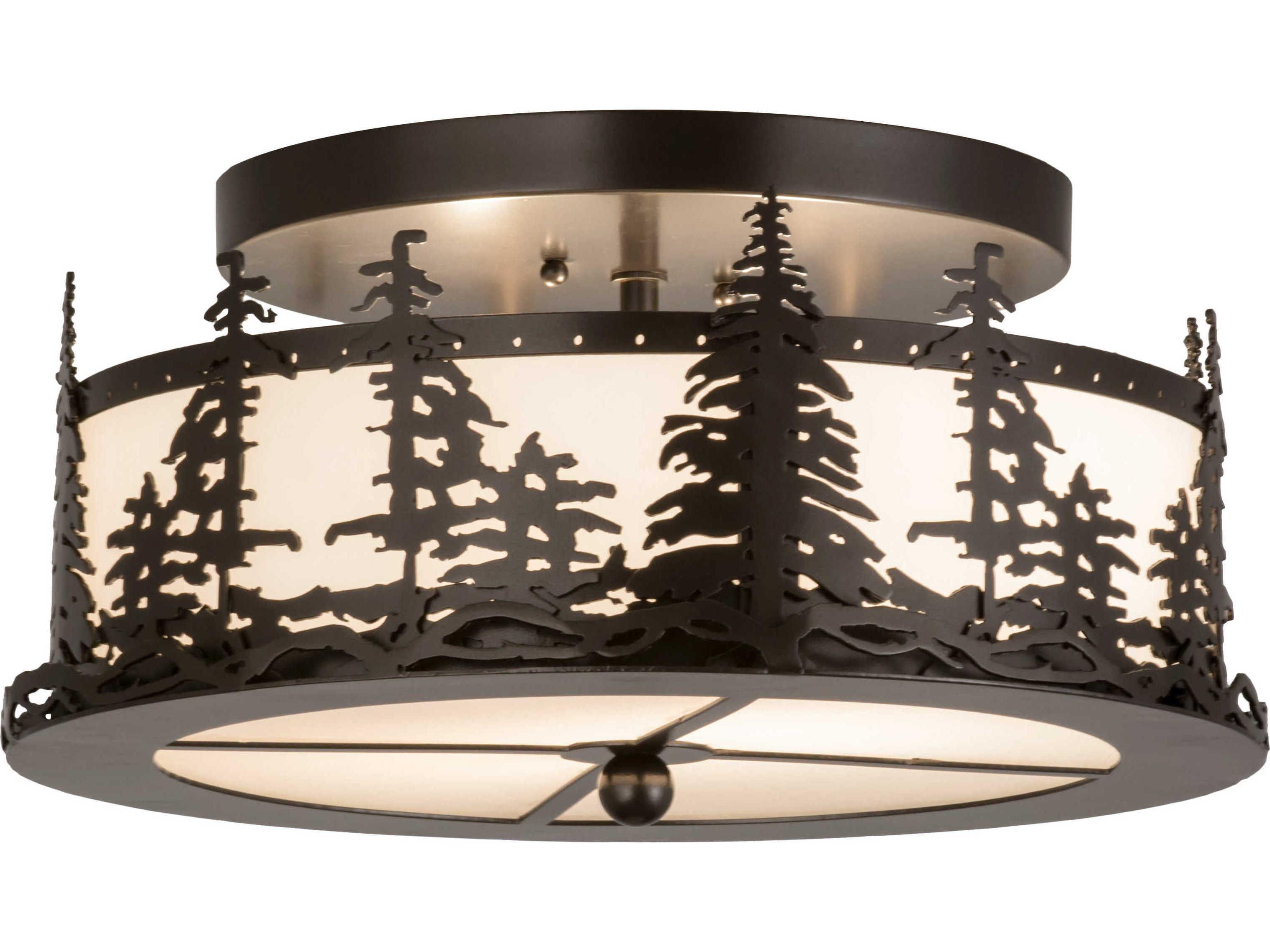 Meyda Tall Pines 2-Light Bronze Glass Drum Semi Flush Mount