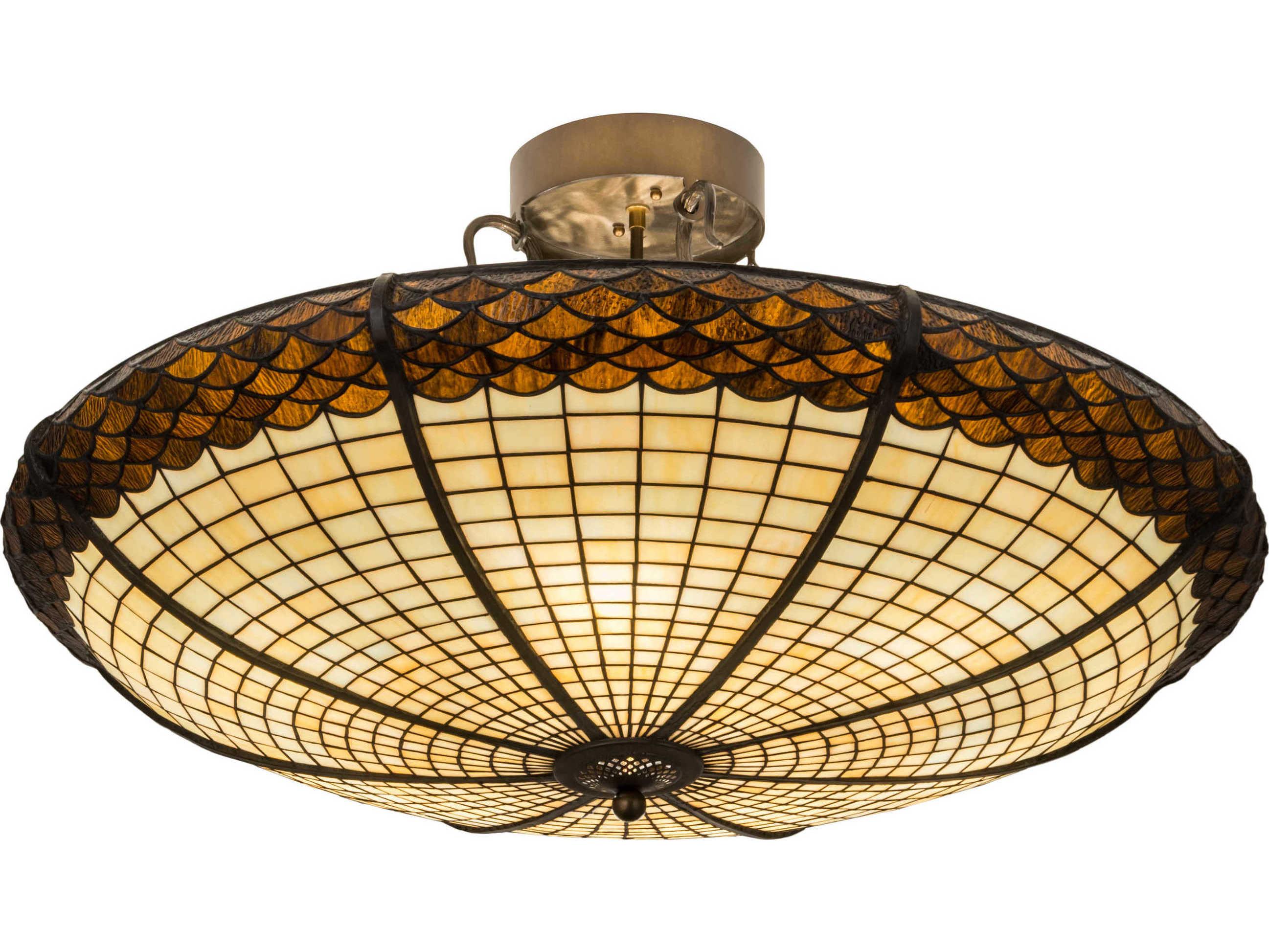 Meyda Greenbriar Oak 6-Light Brown Glass Tiffany Bowl Semi Flush Mount