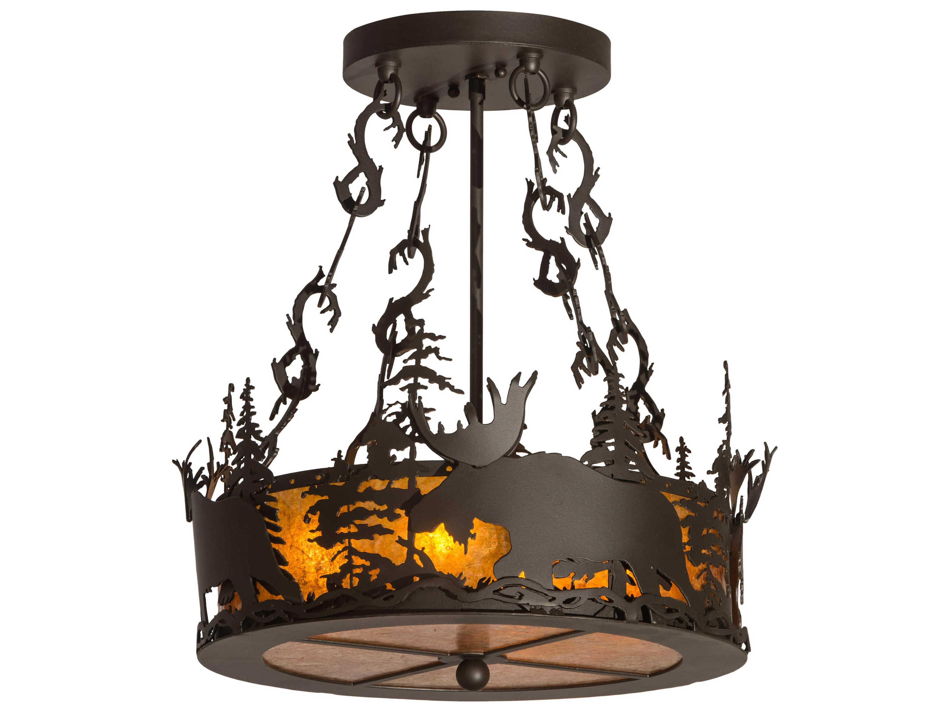 Meyda Moose At Dusk 4-Light Bronze Glass Drum Semi Flush Mount