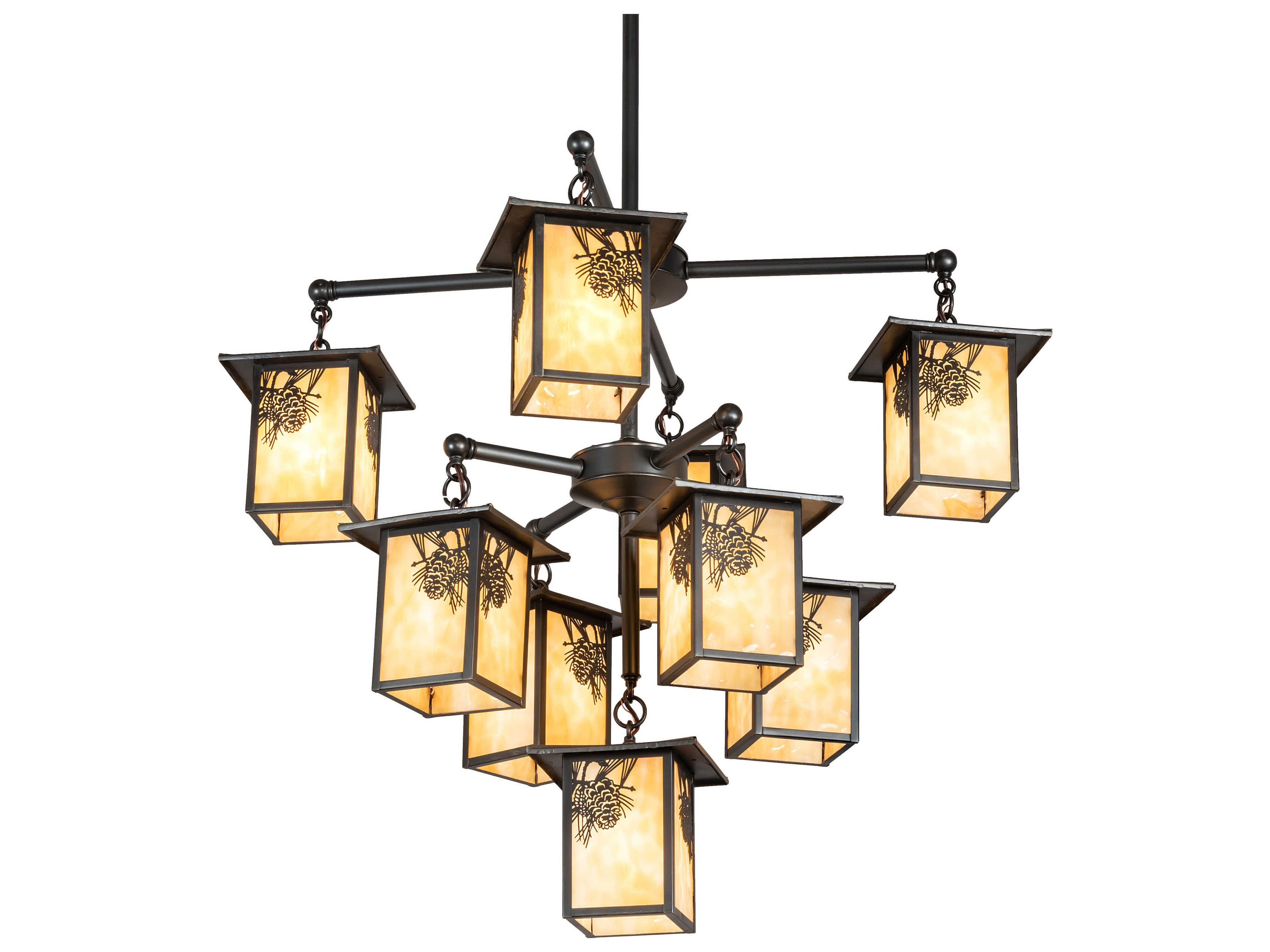 Meyda Seneca Winter Pine 9-Light Craftsman Brown Off White Glass Tiered Chandelier