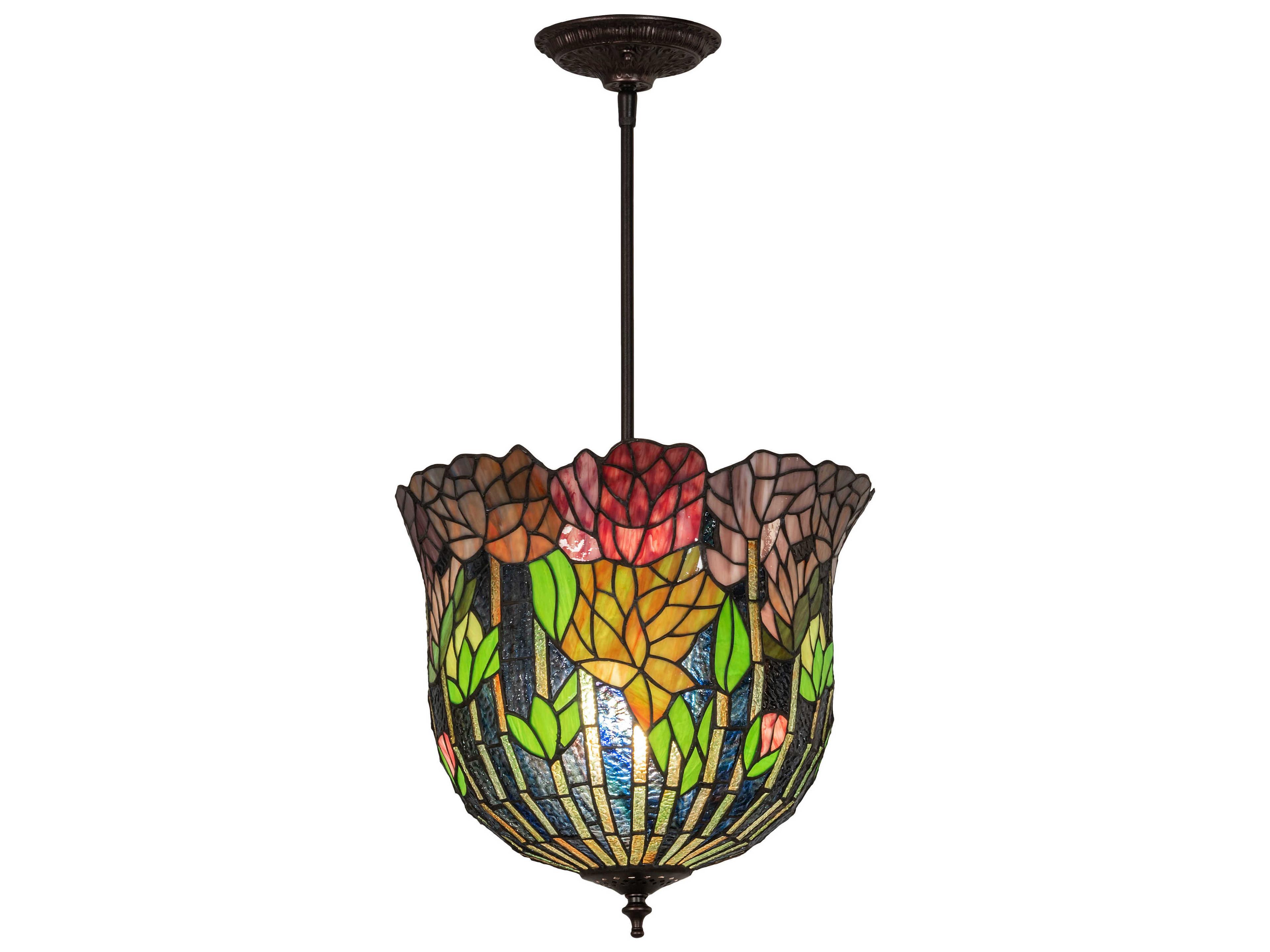 Meyda Tiffany Honey Locust 1-Light Mahogany Bronze Blue Glass Bell Pendant