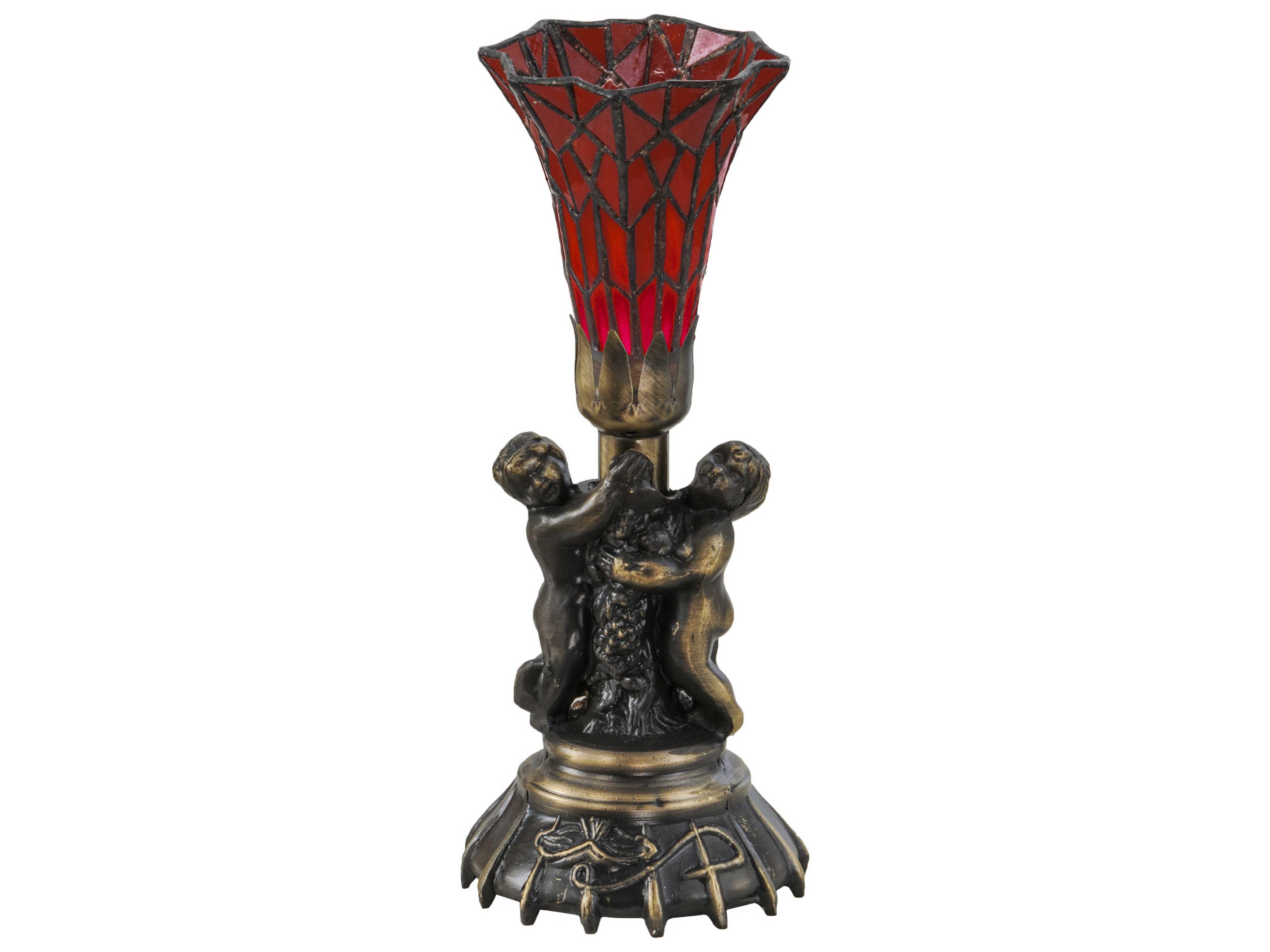 Meyda Tiffany Twin Cherub Pond Lily Red Mini Green Table Lamp