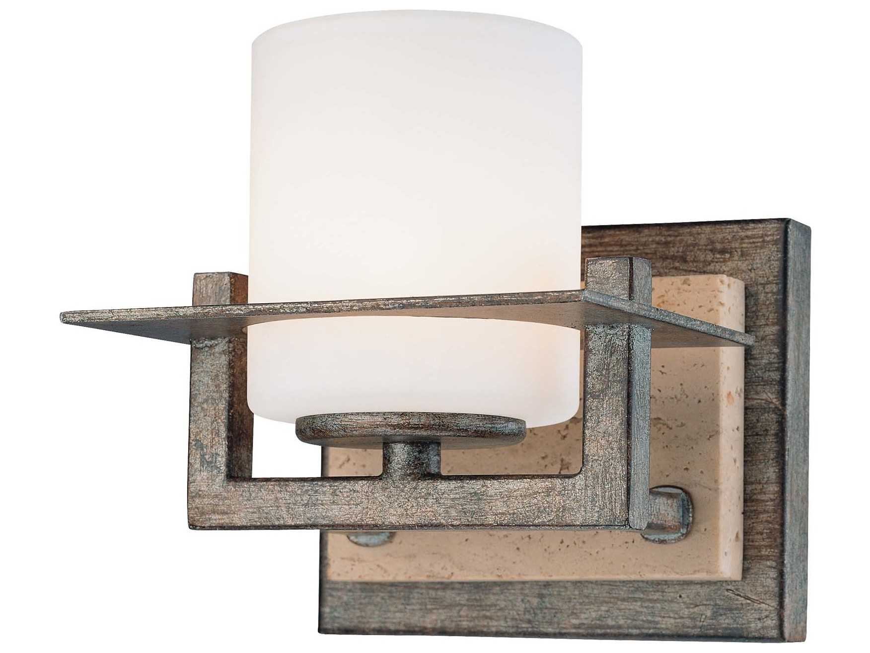 Minka Lavery Compositions Aged Patina Iron With Travertine Stone Black Glass Wall Sconce