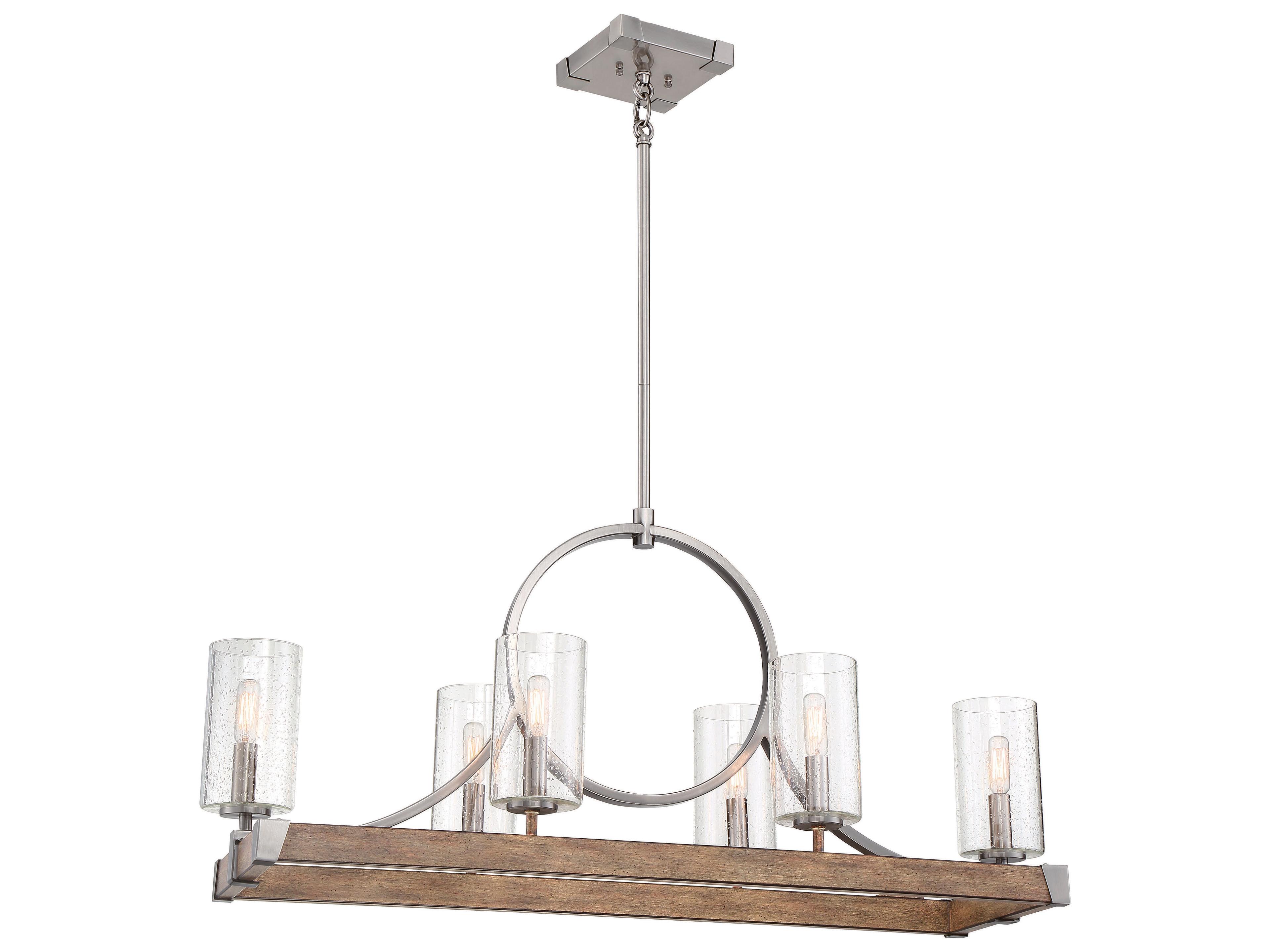Minka Lavery Country Estates 6-Light Sun Faded Wood Brushed Nickel Brown Glass Cylinder Island Pendant