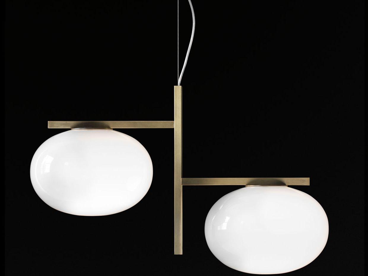 Oluce Alba 2-Light Satin Brass Polished Opaline White Glass Globe Linear Island Pendant