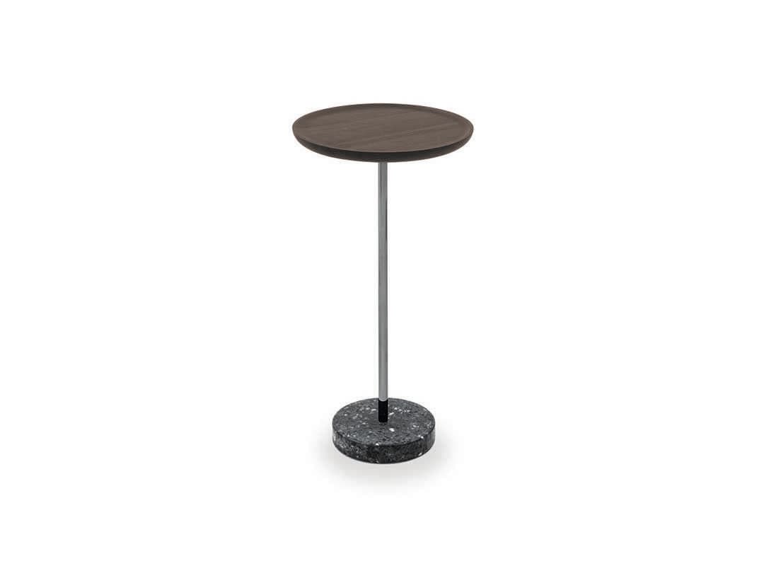 Pianca Contralto Round Wood Walnut Bronze Terrazzo Stone End Table