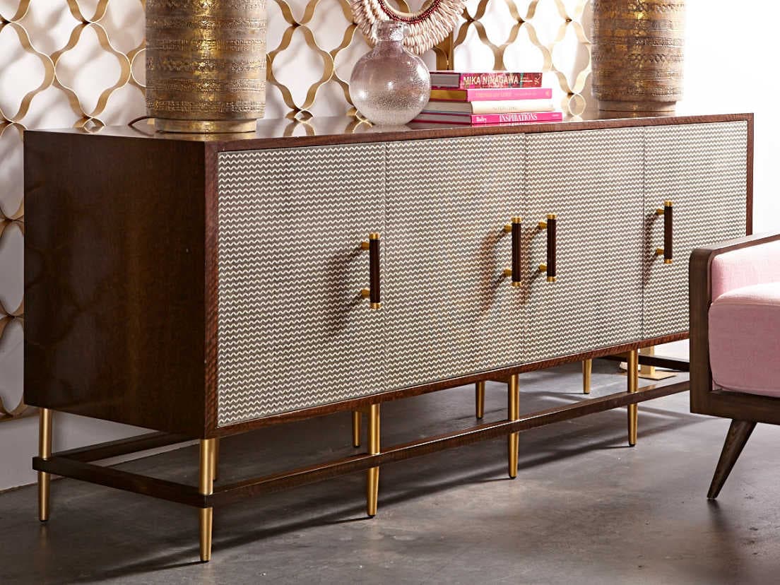 Sonder Living Herringbone 73" Acacia Wood Smoked Eucalyptus With Print On Door Fronts & Lacquered Brass Hardware Credenza Sideboard
