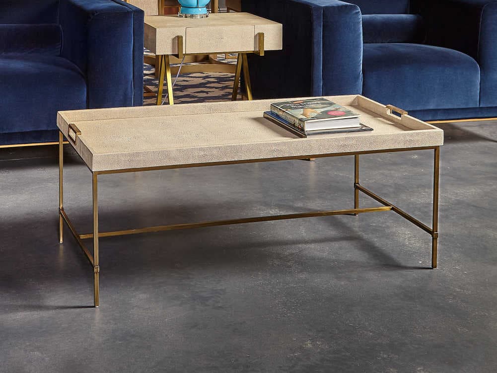 Sonder Living Lexi Rectangular Faux Leather Ivory Shagreen With Stain Brass Coffee Table