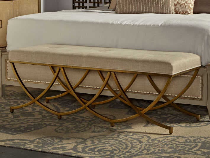 Sonder Living Olivia Textured Linen With Stain Brass Gold Upholstered Accent Bench