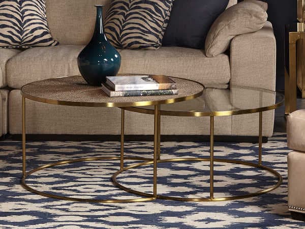 Sonder Living Ringo Round Pearlized Shagreen & Clear Glass With Satin Brass Coffee Table