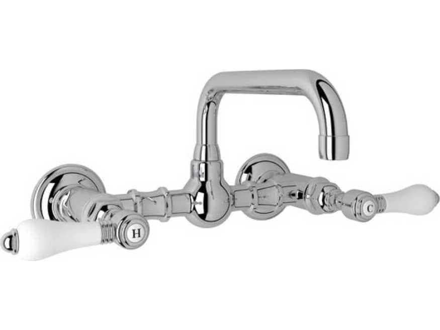 Rohl Acqui Polished Chrome Wall Mount Bridge Lavatory Faucet with White Porcelain Lever Handles