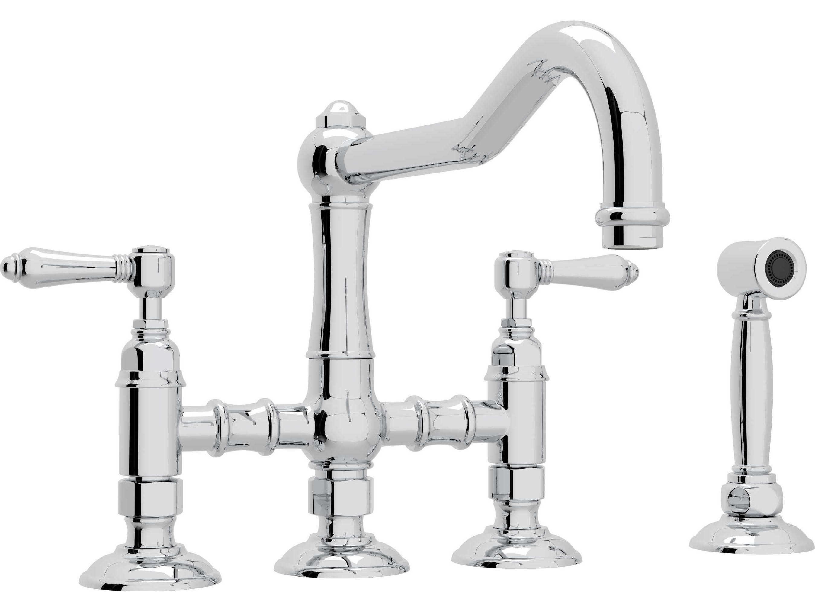 Rohl Acqui Polished Chrome Deck Mount Column Spout Bridge Kitchen Faucet with Sidespray with Lever Handles