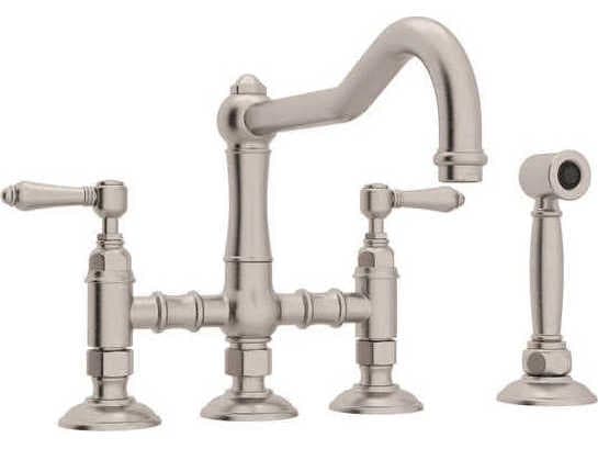 Rohl Acqui Satin Nickel Deck Mount Column Spout Bridge Kitchen Faucet with Sidespray with Lever Handles